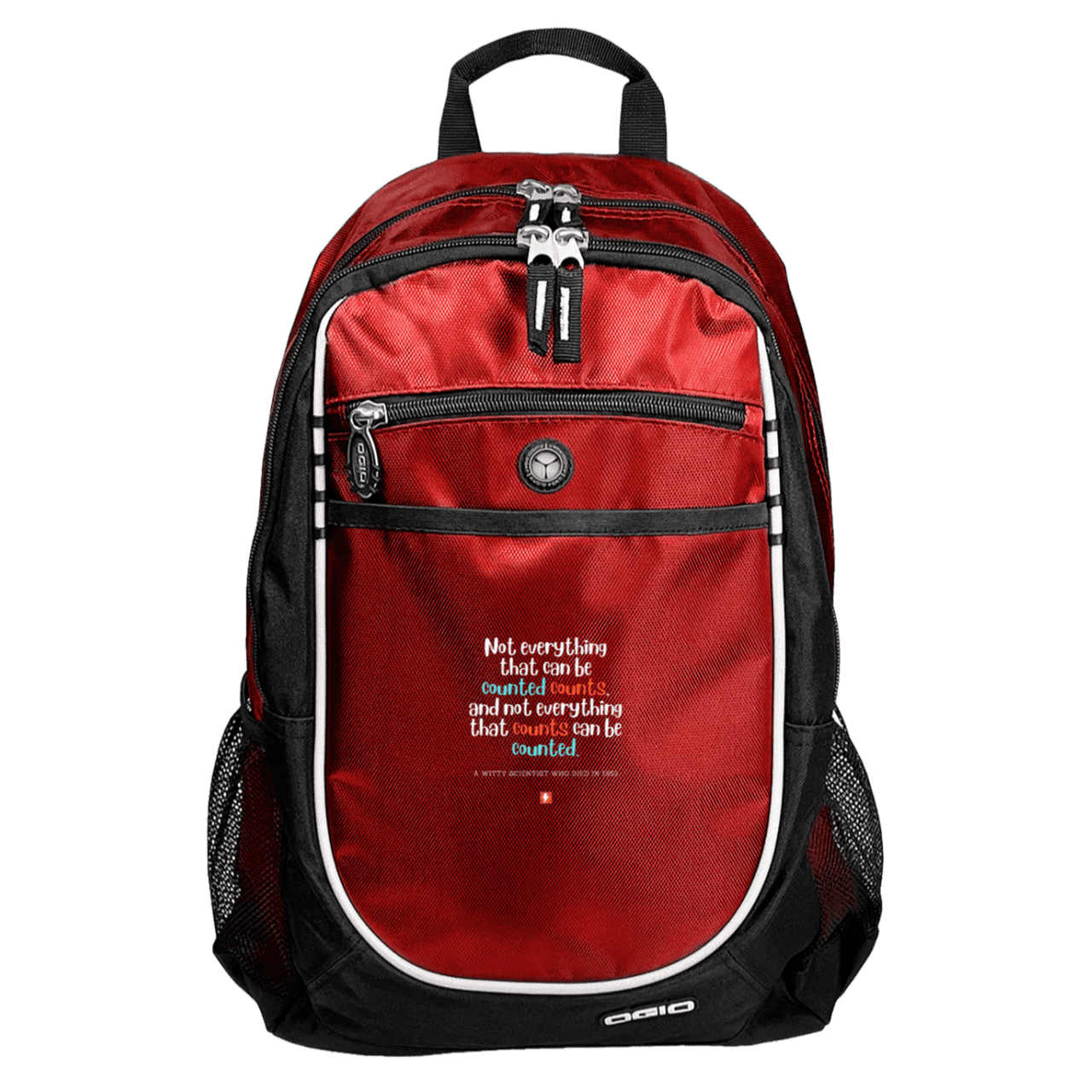 Student's Rugged Bookbag with inspiring Einstein quote: E104 - Not everything that can be counted counts - Color: Red