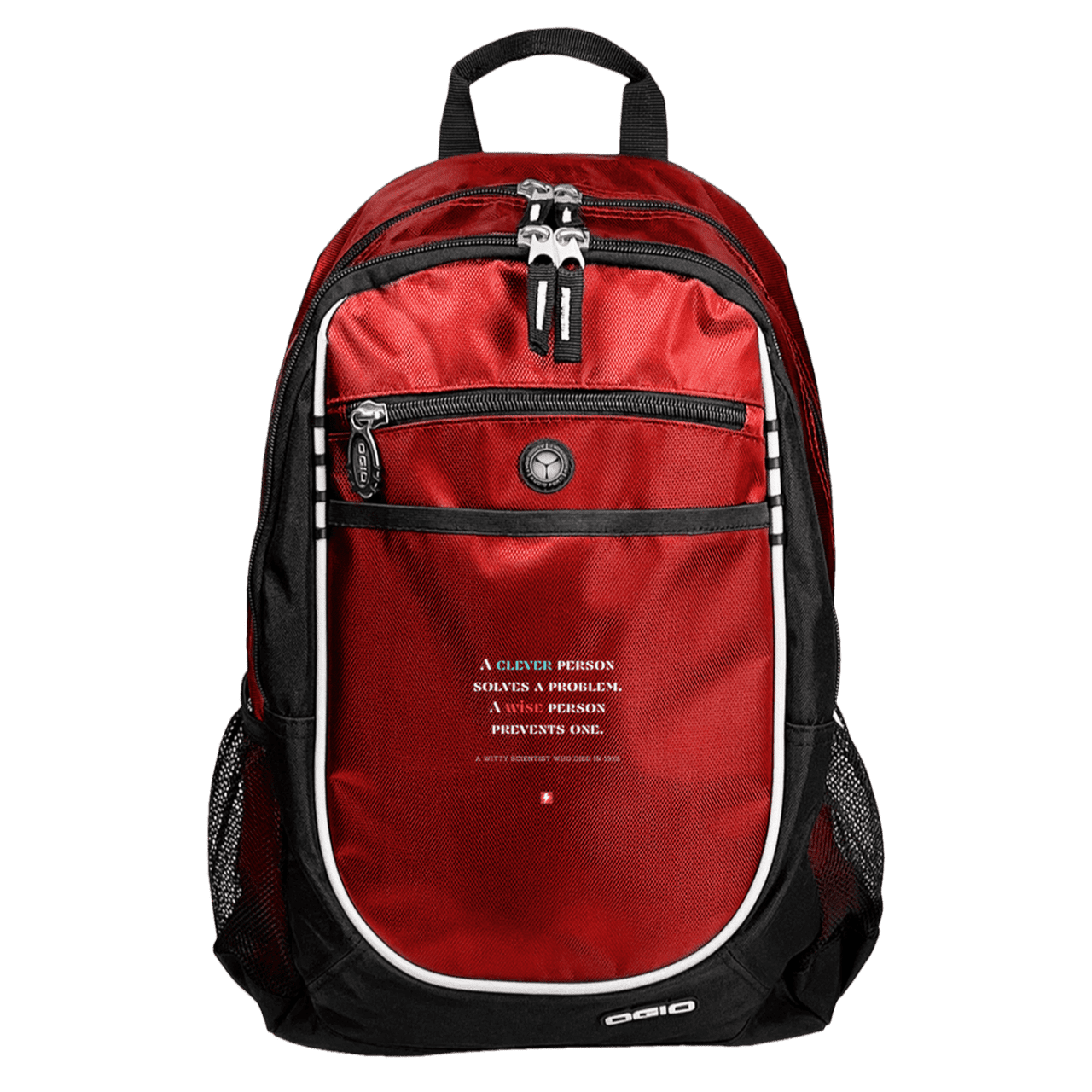 Student's Rugged Bookbag with inspiring Einstein quote: E110 - Be clever but better to be wise - Color: Red