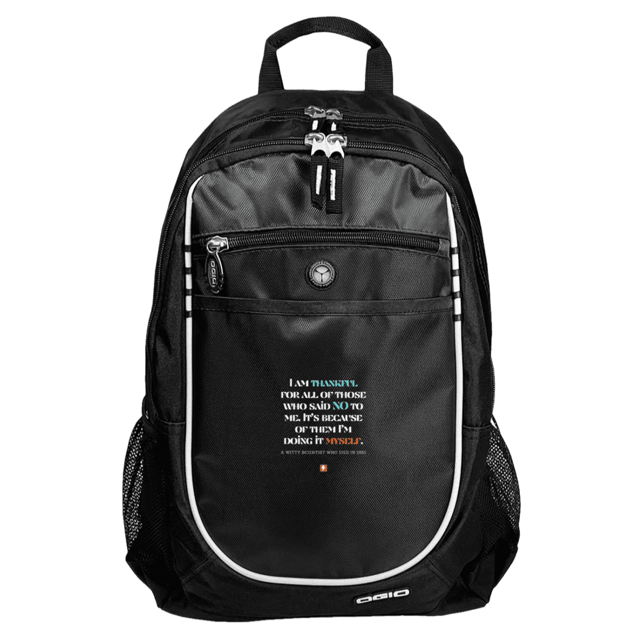 Student's Rugged Bookbag with inspiring Einstein quote: E102 - I am thankful for all of those who said NO to me - Color: Black