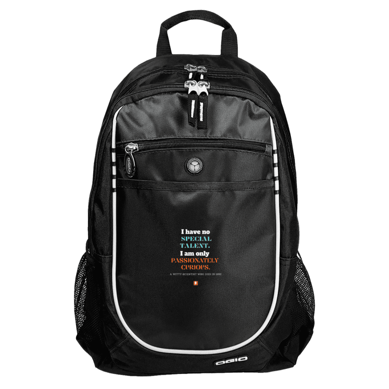 Student's Rugged Bookbag with inspiring Einstein quote: E105 - I am only passionately curious - Color: Black