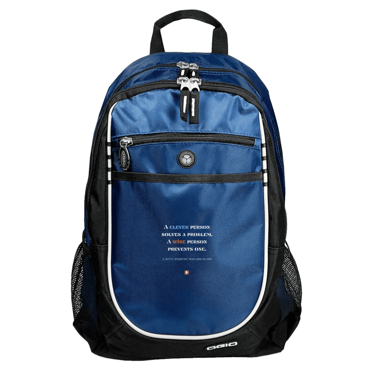 Student's Rugged Bookbag with inspiring Einstein quote: E110 - Be clever but better to be wise - Color: Royal