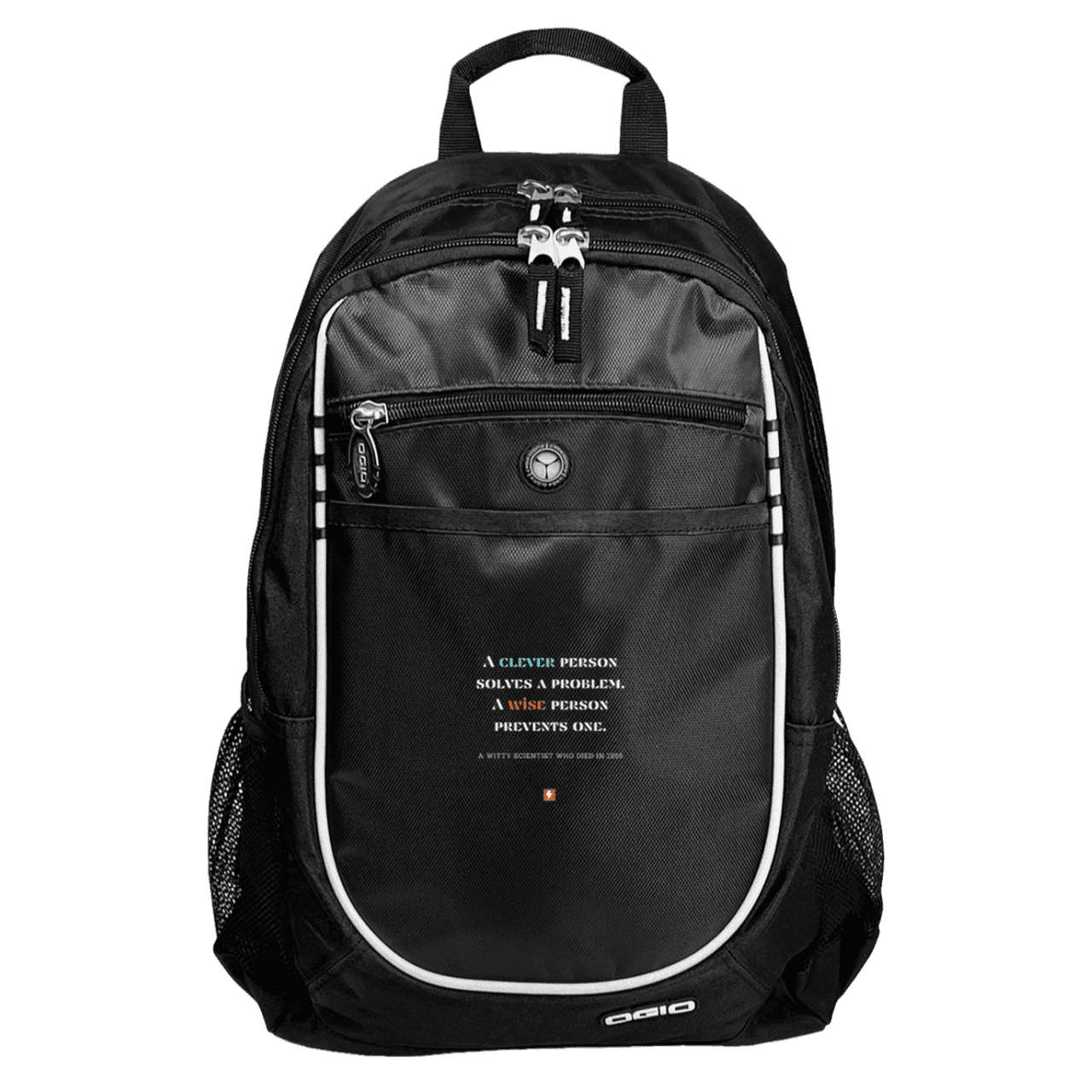 Student's Rugged Bookbag with inspiring Einstein quote: E110 - Be clever but better to be wise - Color: Black