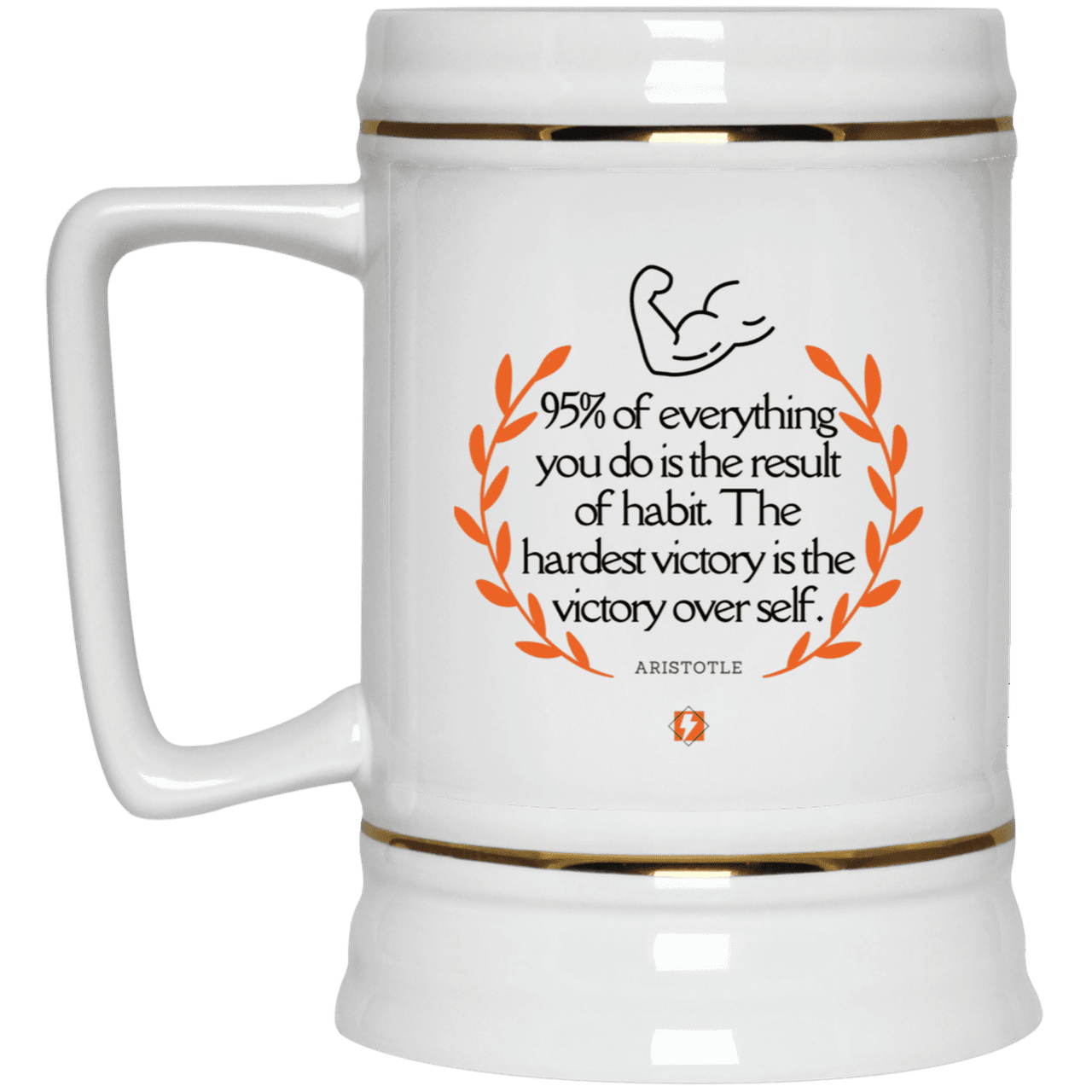 Ceramic Beer Stein Mug with inspiring Aristotle quote: A101 - Habits lead to victory - Color: Plain White