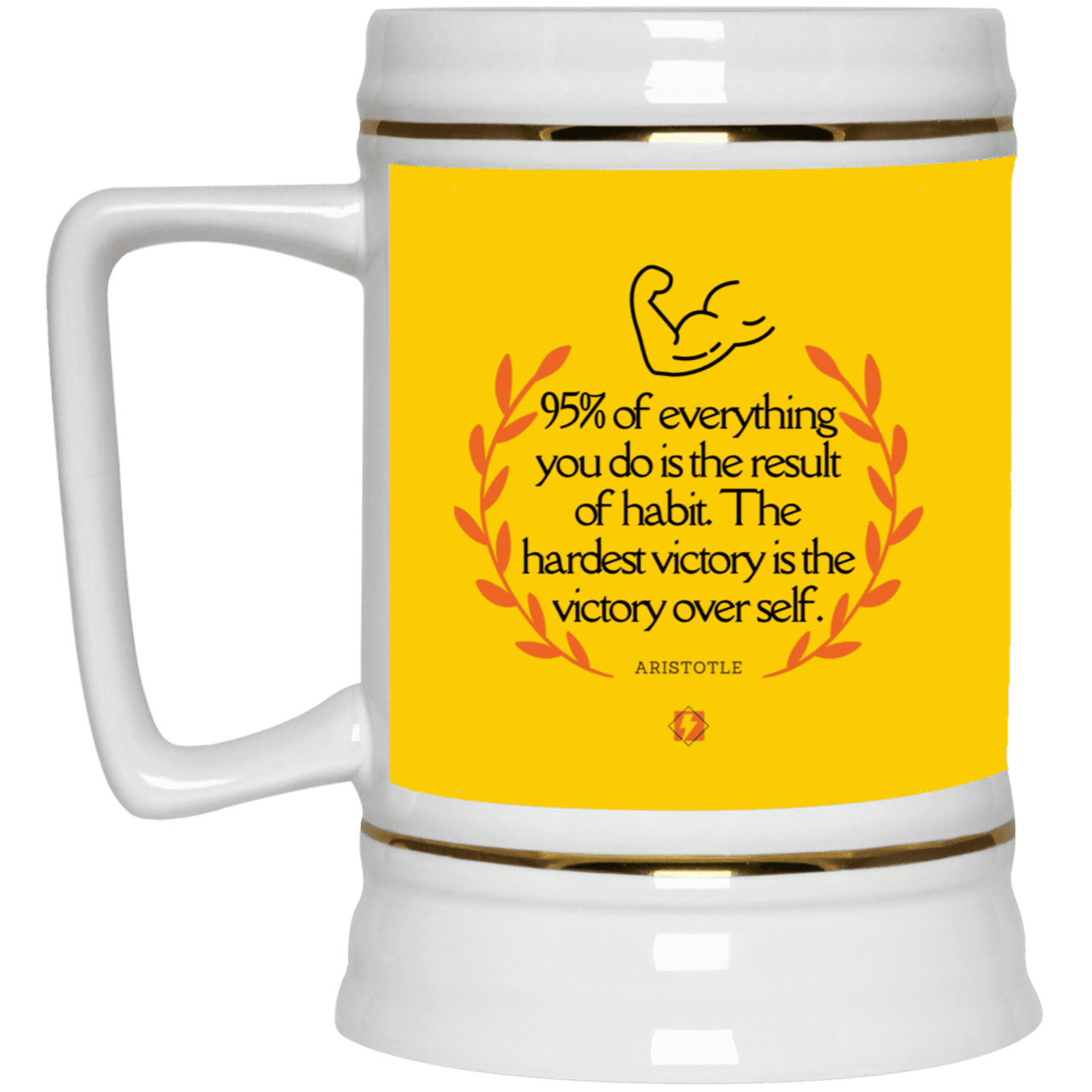 Ceramic Beer Stein Mug with inspiring Aristotle quote: A101 - Habits lead to victory - Color: Athletic Gold