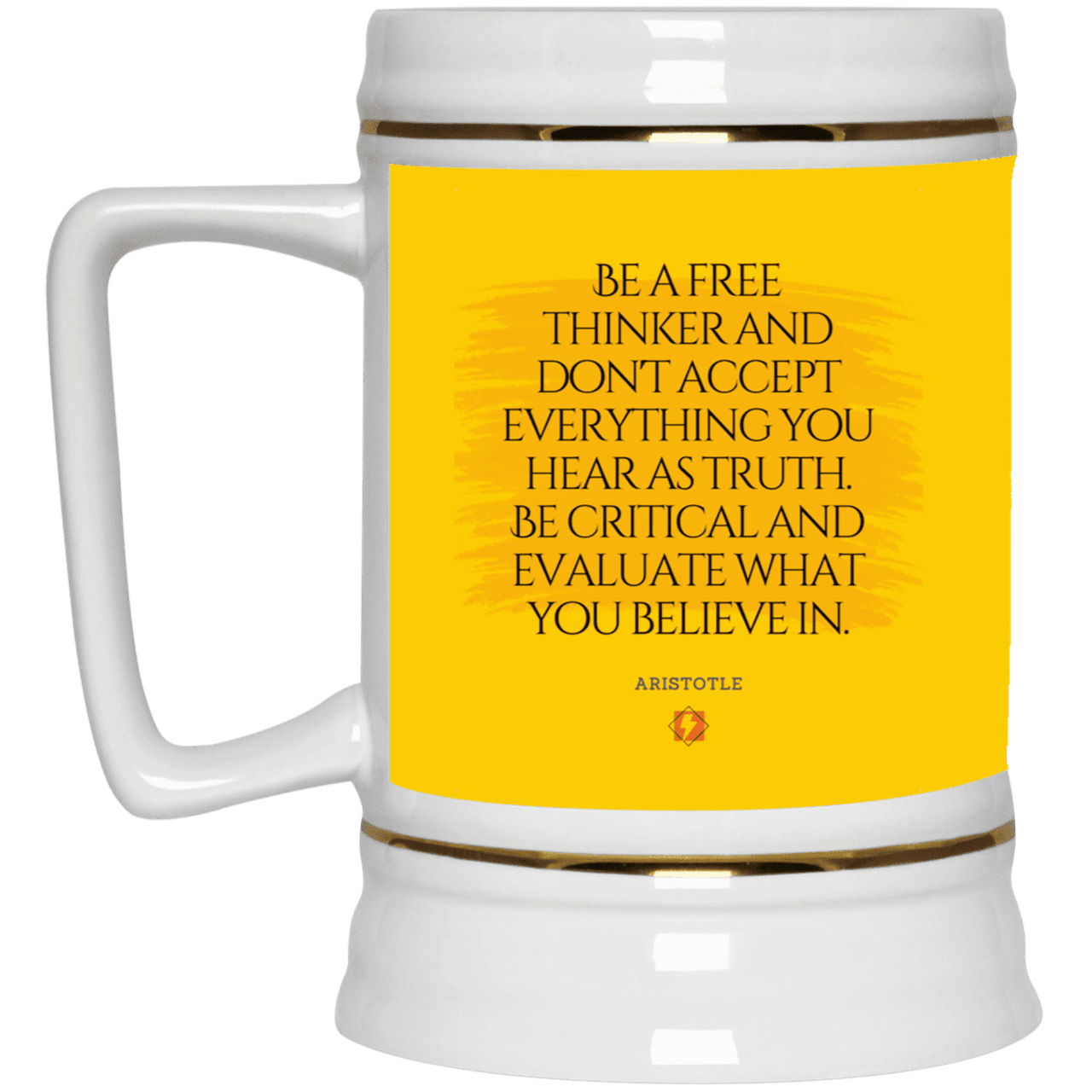 Ceramic Beer Stein Mug with inspiring Aristotle quote: A106 - Become a critical thinker - Color: Athletic Gold