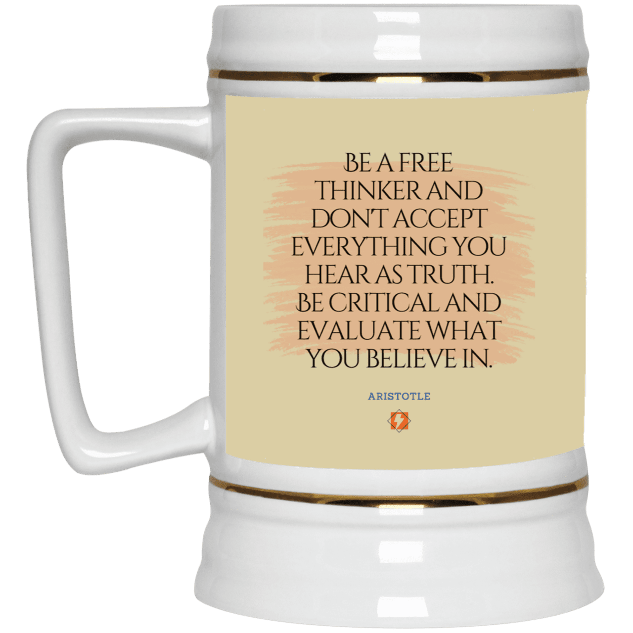 Ceramic Beer Stein Mug with inspiring Aristotle quote: A106 - Become a critical thinker - Color: Tan