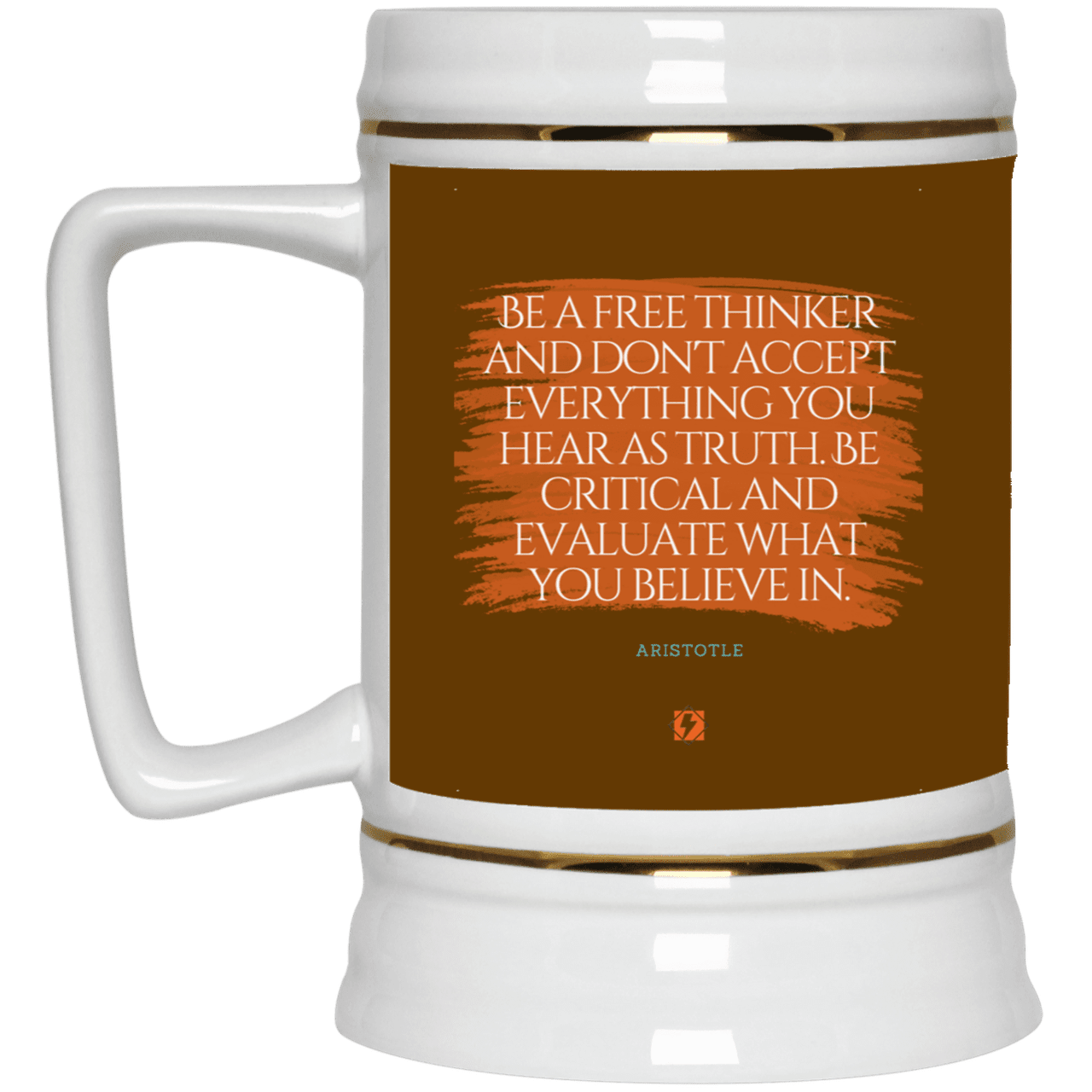 Ceramic Beer Stein Mug with inspiring Aristotle quote: A106 - Become a critical thinker - Color: Brown