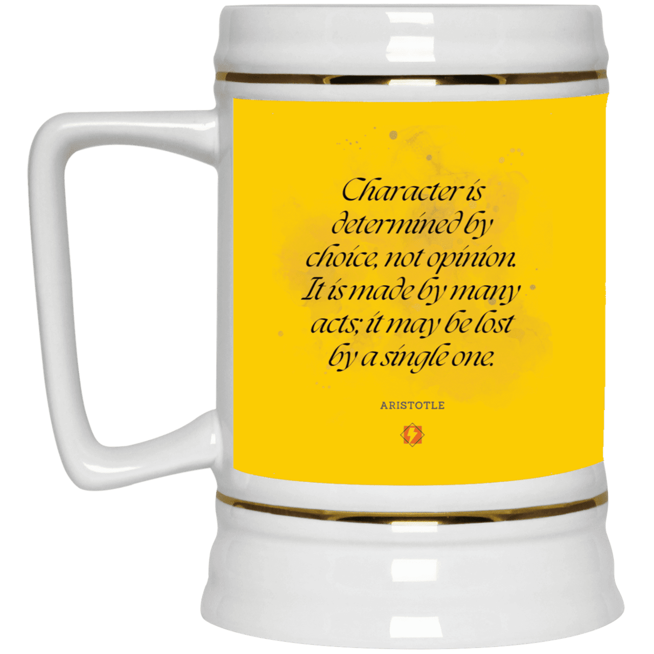 Ceramic Beer Stein Mug with inspiring Aristotle quote: A107 - Character is the sum-total of your choices - Color: Athletic Gold