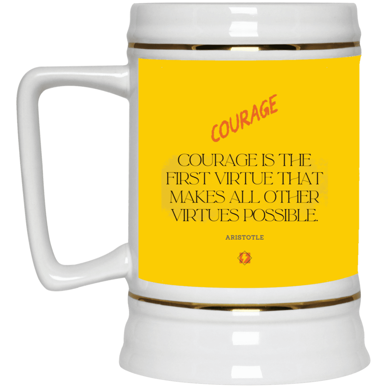 Ceramic Beer Stein Mug with inspiring Aristotle quote: A108 - Courage is the highest virtue - Color: Athletic Gold