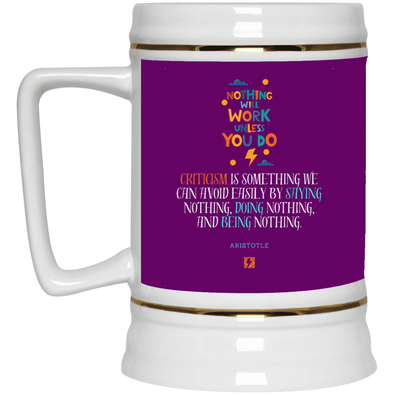 Ceramic Beer Stein Mug with inspiring Aristotle quote: A109 - Only action-takers get criticised - Color: Purple