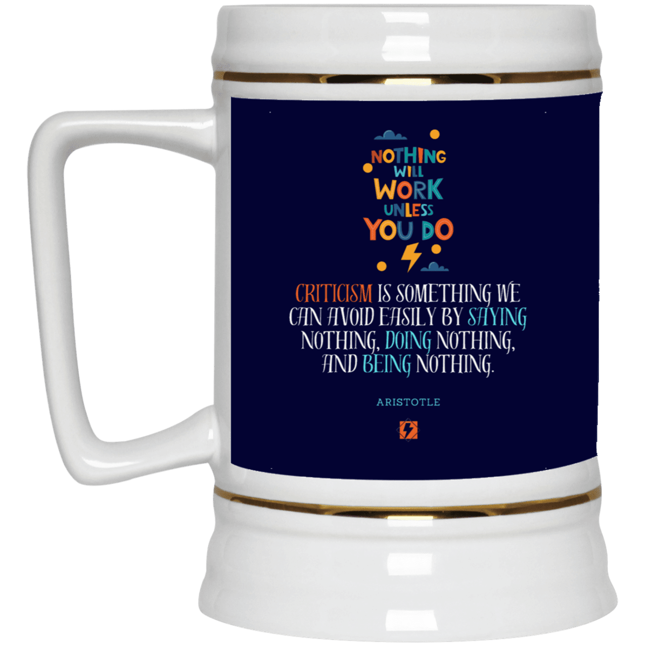 Ceramic Beer Stein Mug with inspiring Aristotle quote: A109 - Only action-takers get criticised - Color: Navy