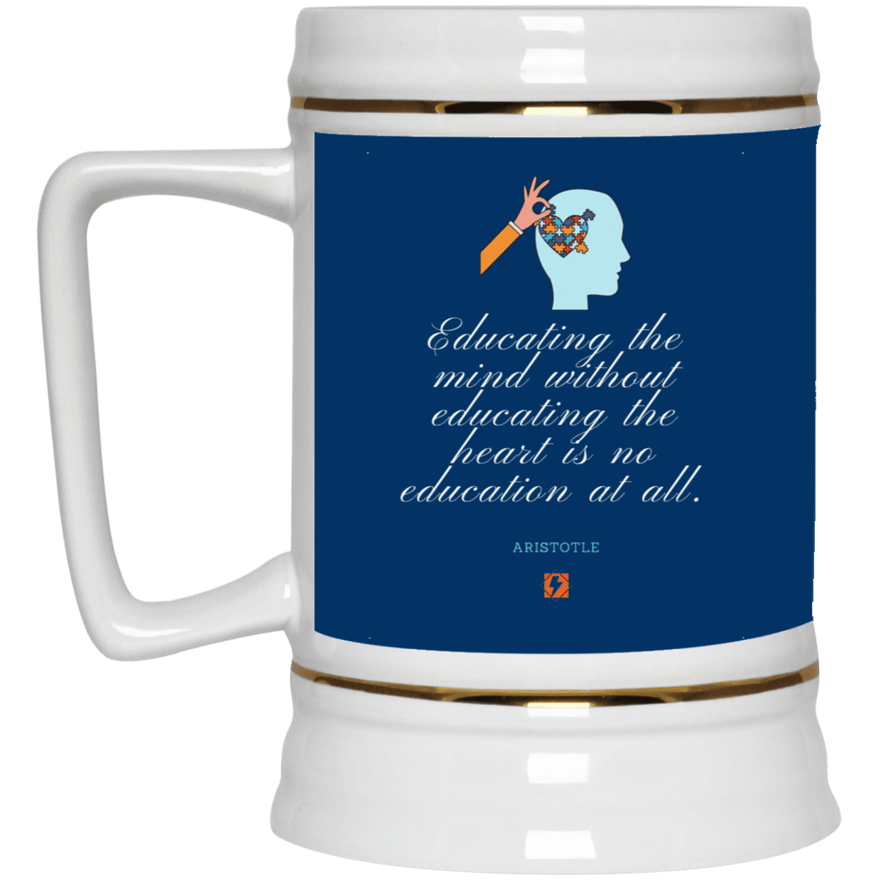 Ceramic Beer Stein Mug with inspiring Aristotle quote: A110 - Education must include the heart - Color: Royal