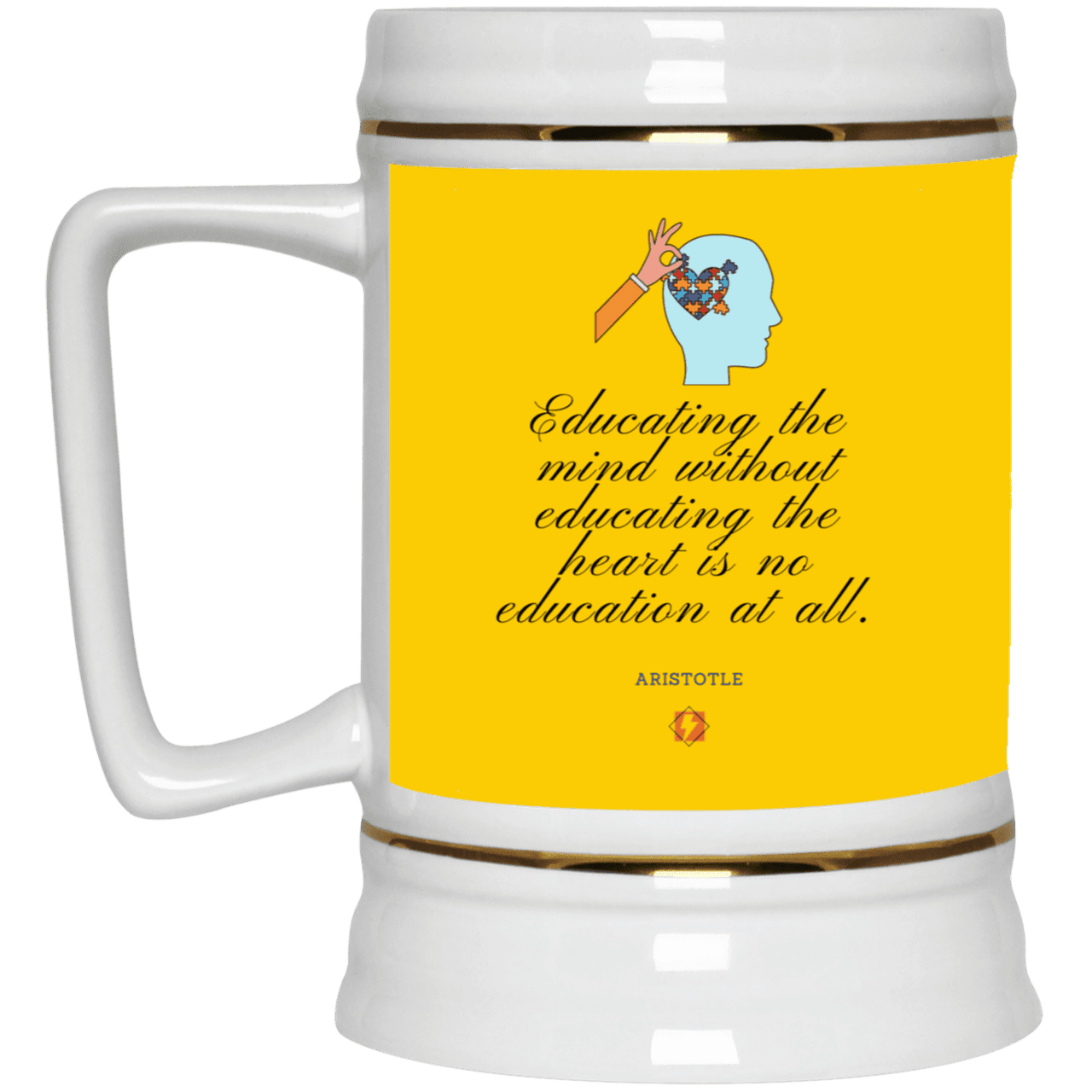 Ceramic Beer Stein Mug with inspiring Aristotle quote: A110 - Education must include the heart - Color: Athletic Gold