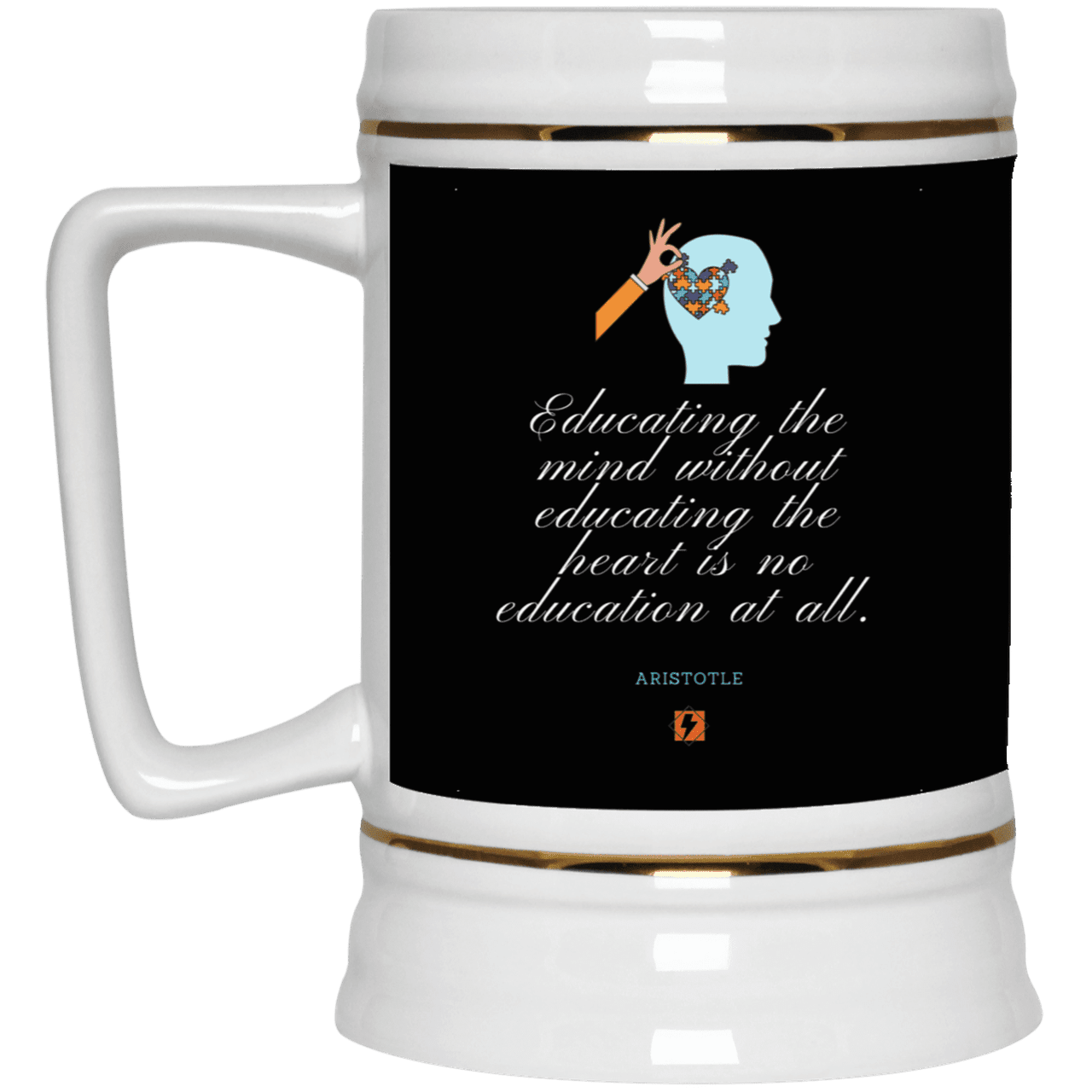 Ceramic Beer Stein Mug with inspiring Aristotle quote: A110 - Education must include the heart - Color: Black