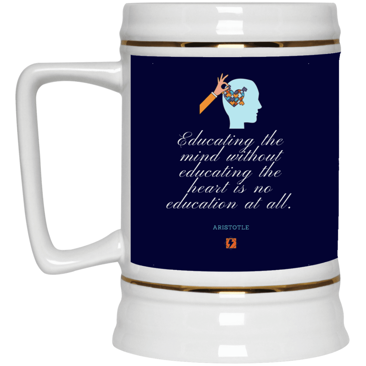 Ceramic Beer Stein Mug with inspiring Aristotle quote: A110 - Education must include the heart - Color: Navy