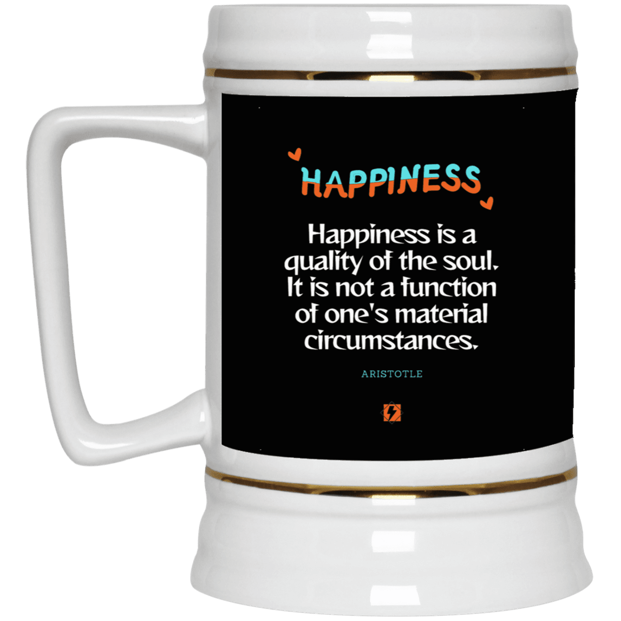 Ceramic Beer Stein Mug with inspiring Aristotle quote: A112 - Happiness is not circumstantial - Color: Black