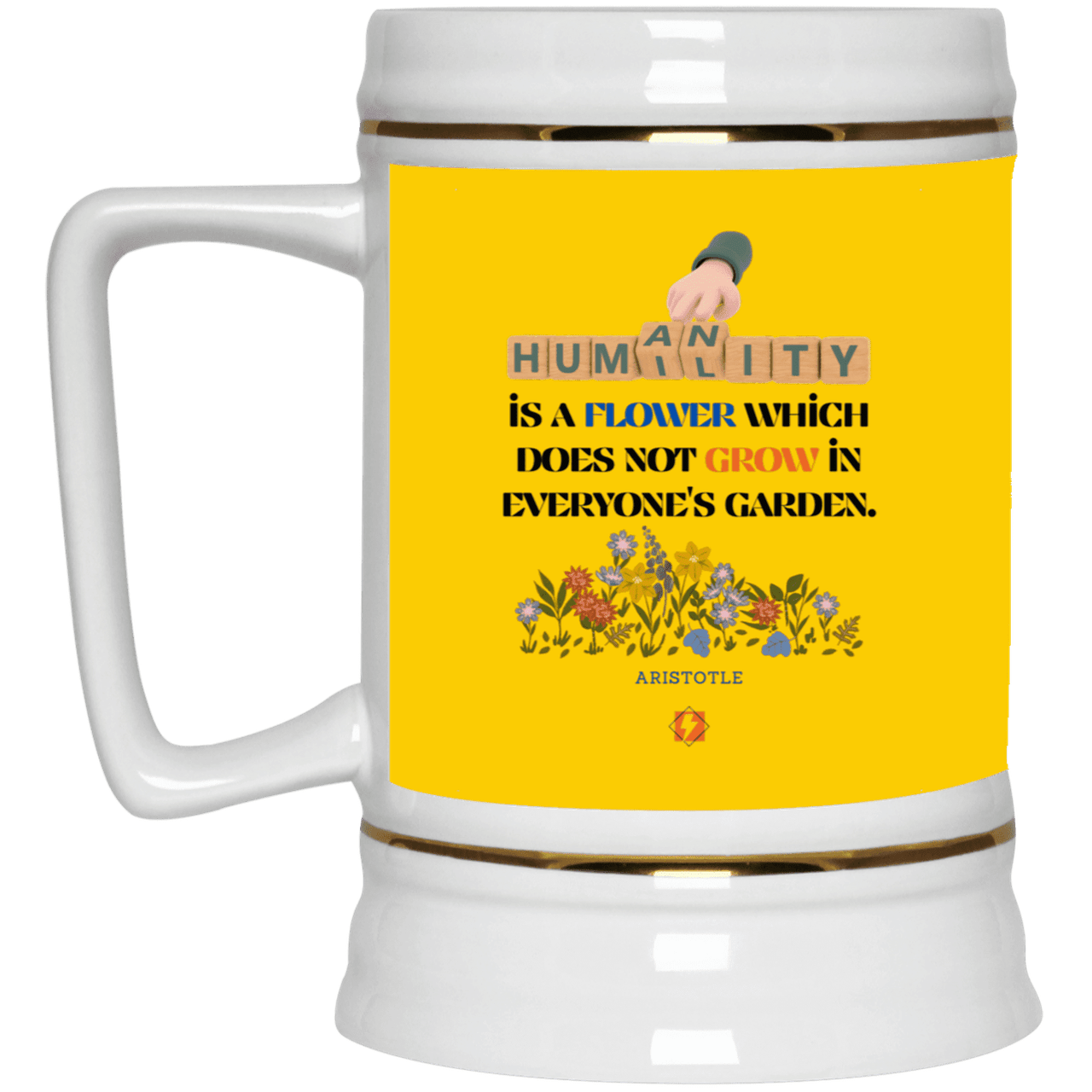 Ceramic Beer Stein Mug with inspiring Aristotle quote: A115 - Humility is not in everyone - Color: Athletic Gold