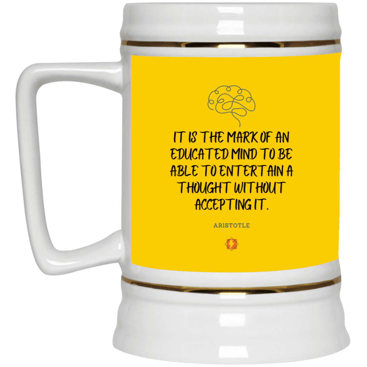 Ceramic Beer Stein Mug with inspiring Aristotle quote: A117 - Educated minds evaluate everything - Color: Athletic Gold