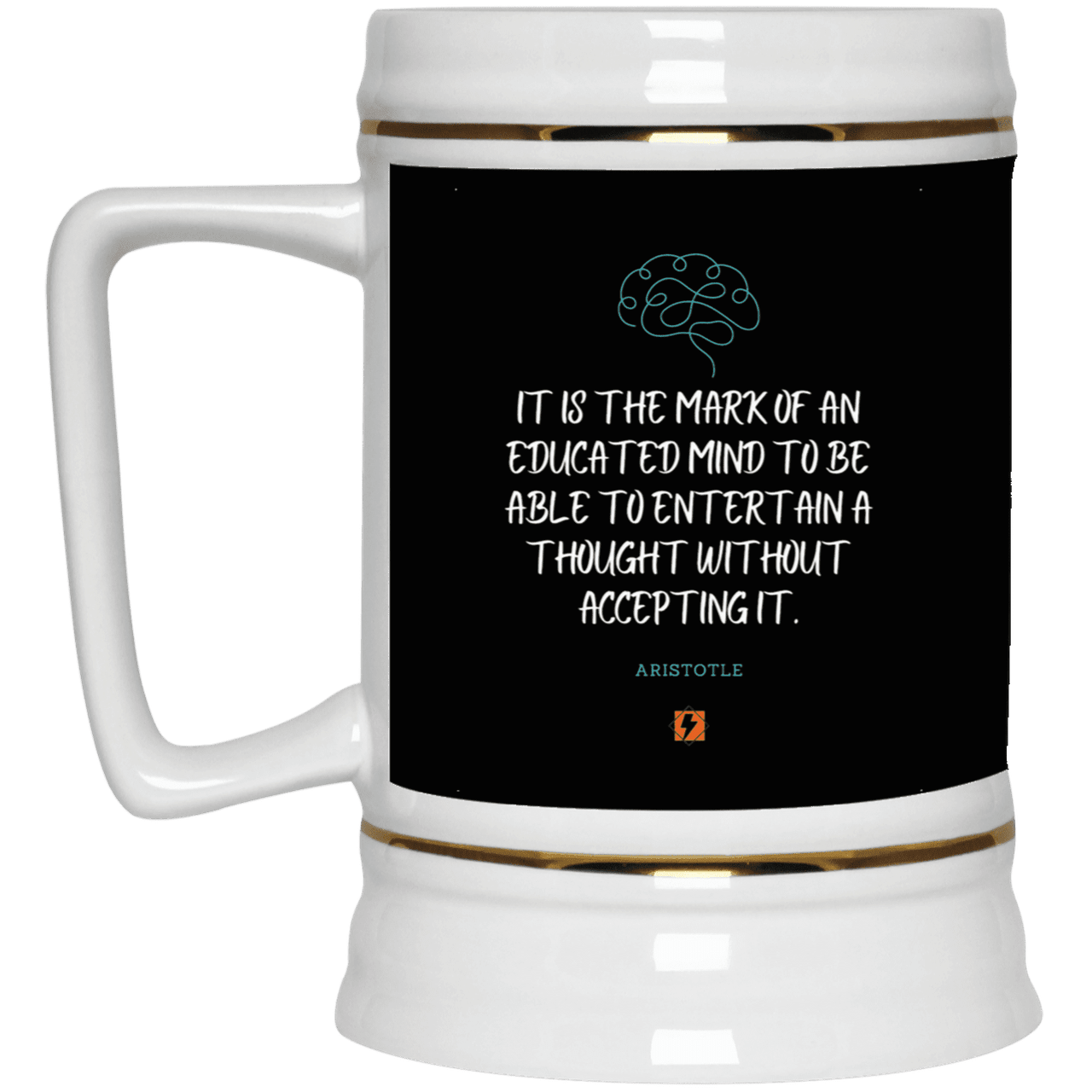 Ceramic Beer Stein Mug with inspiring Aristotle quote: A117 - Educated minds evaluate everything - Color: Black