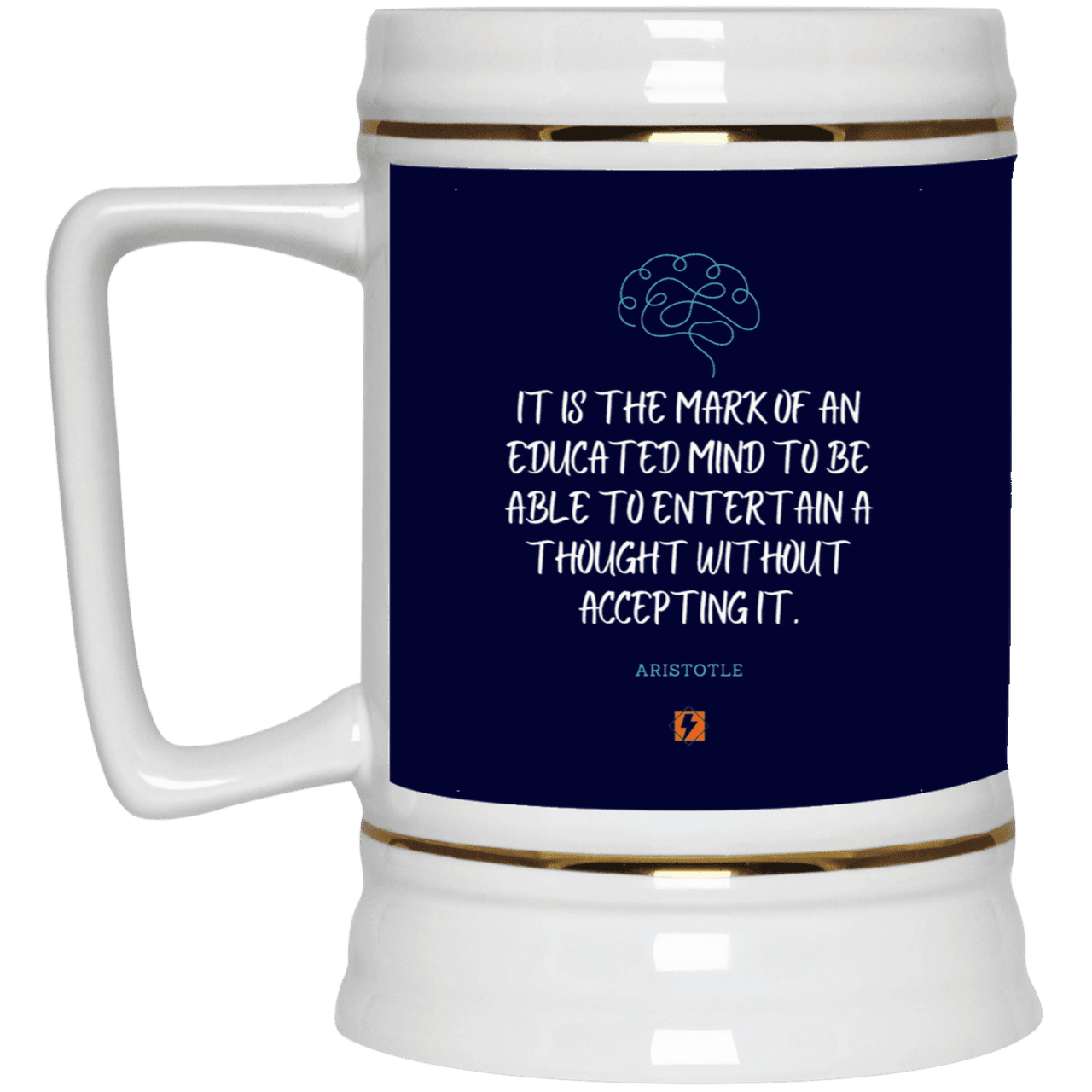 Ceramic Beer Stein Mug with inspiring Aristotle quote: A117 - Educated minds evaluate everything - Color: Navy