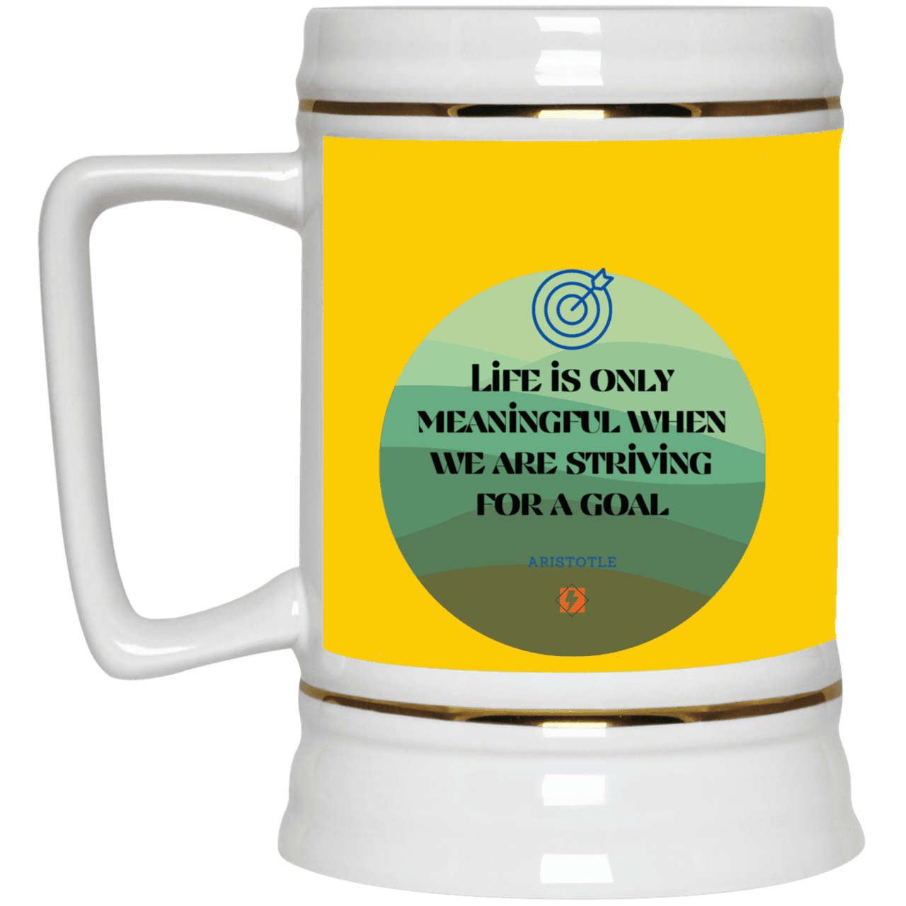 Ceramic Beer Stein Mug with inspiring Aristotle quote: A119 - Aimless lives are meaningless - Color: Athletic Gold