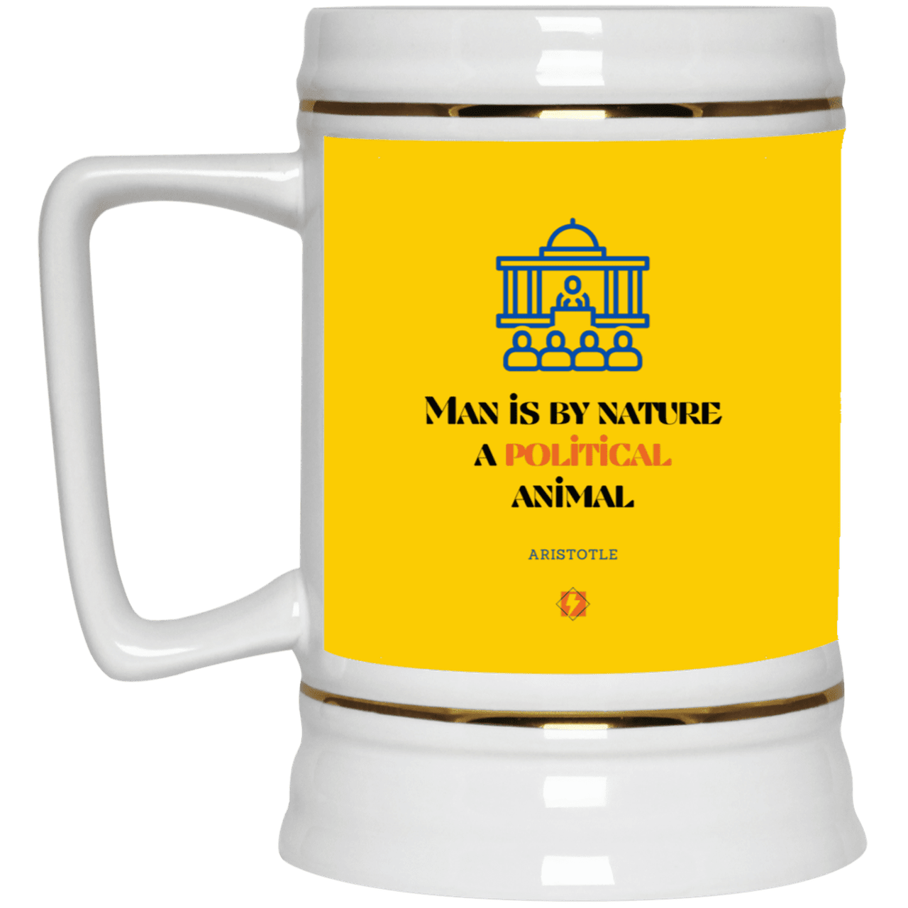 Ceramic Beer Stein Mug with inspiring Aristotle quote: A120 - Man is political by nature - Color: Athletic Gold