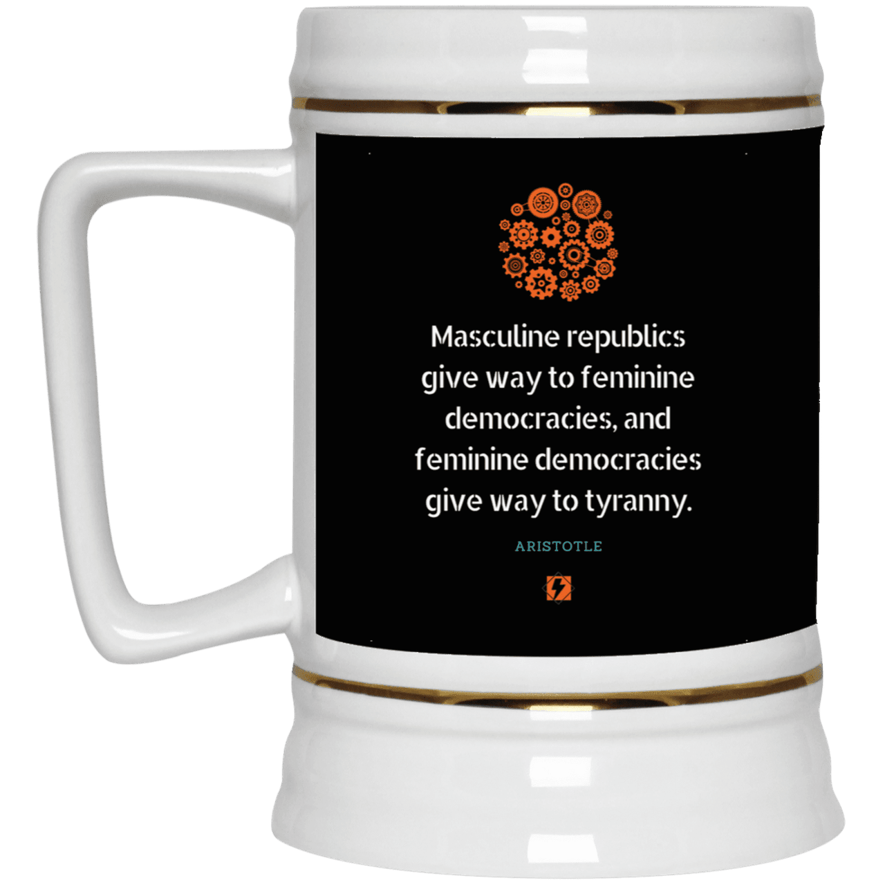 Ceramic Beer Stein Mug with inspiring Aristotle quote: A121 - Republic to Democracy to Tyranny - Color: Black