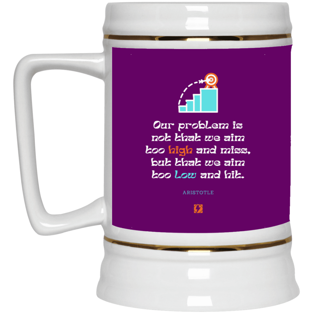 Ceramic Beer Stein Mug with inspiring Aristotle quote: A123 - Aim Higher #2 - Color: Purple