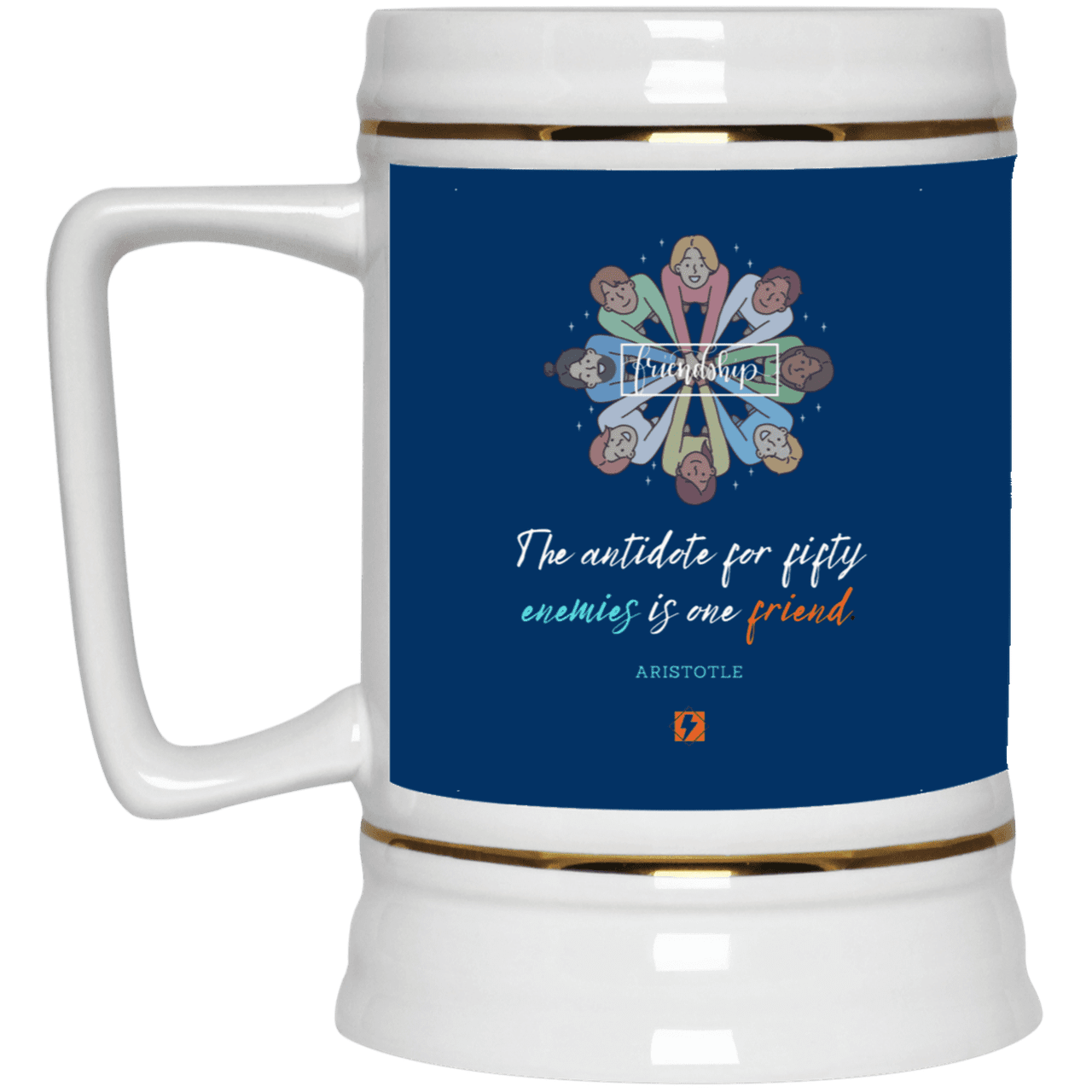 Ceramic Beer Stein Mug with inspiring Aristotle quote: A124 - Friendship is the antidote - Color: Royal