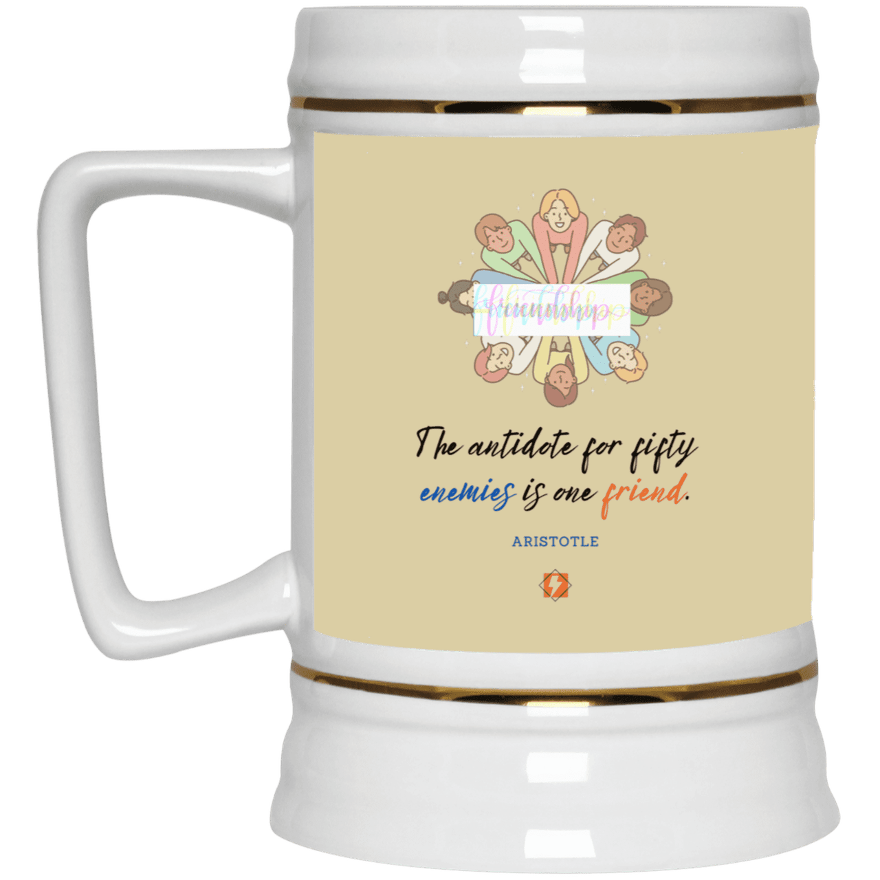 Ceramic Beer Stein Mug with inspiring Aristotle quote: A124 - Friendship is the antidote - Color: Tan