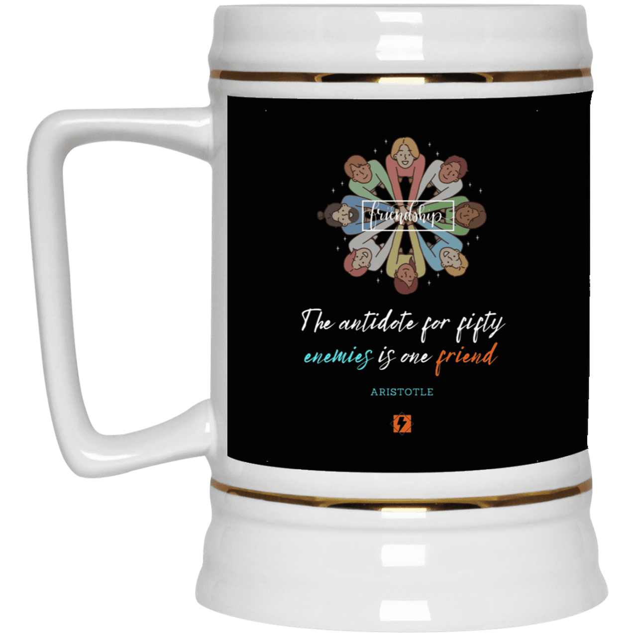 Ceramic Beer Stein Mug with inspiring Aristotle quote: A124 - Friendship is the antidote - Color: Black