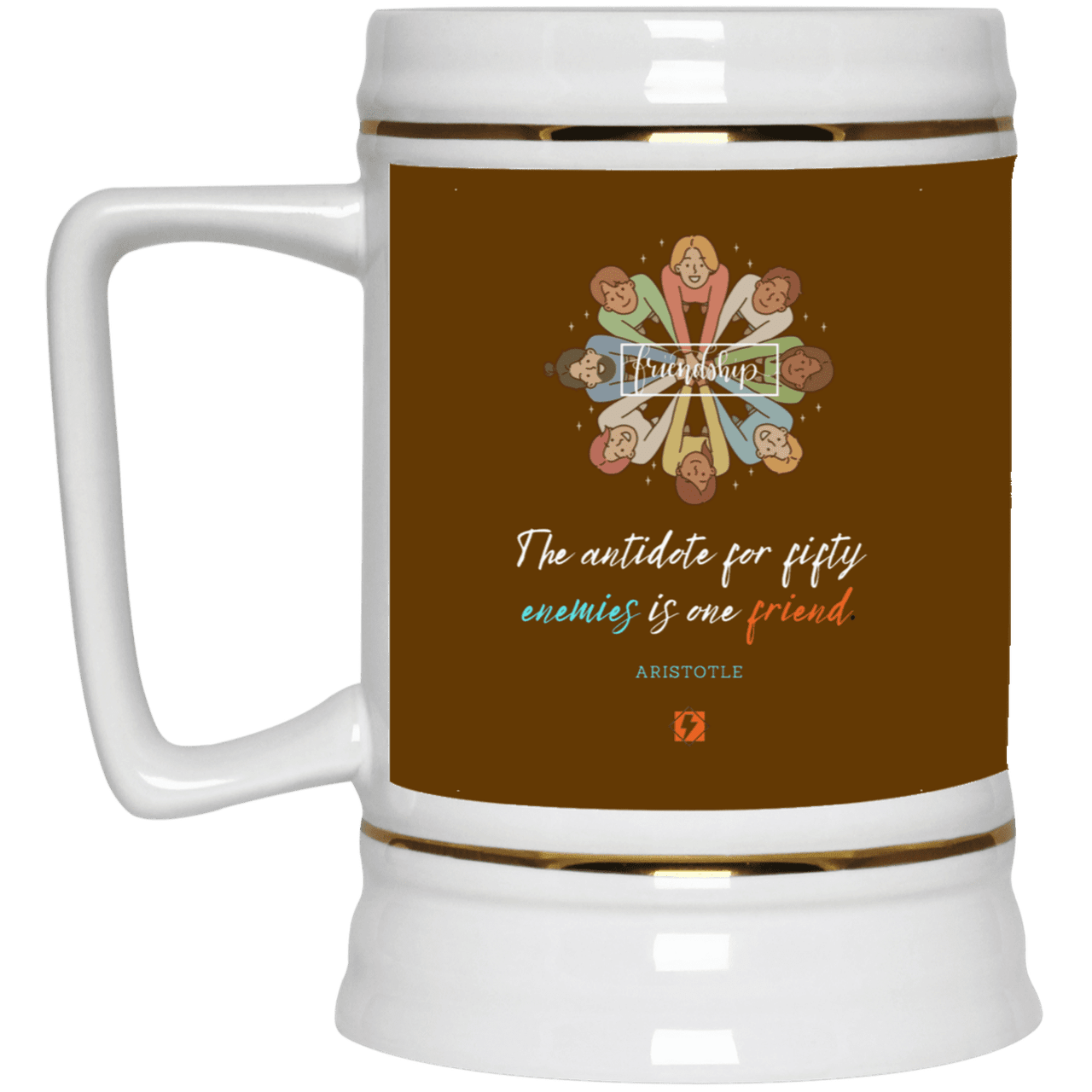 Ceramic Beer Stein Mug with inspiring Aristotle quote: A124 - Friendship is the antidote - Color: Brown