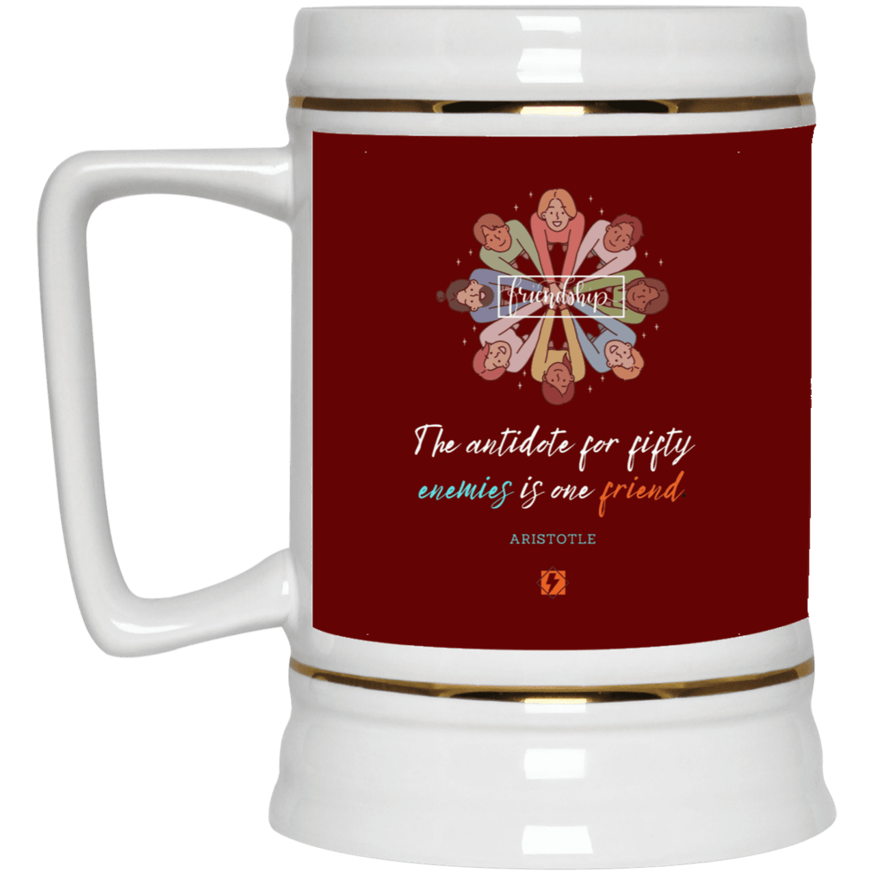 Ceramic Beer Stein Mug with inspiring Aristotle quote: A124 - Friendship is the antidote - Color: Maroon