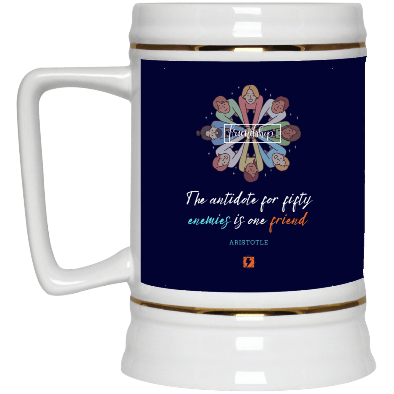 Ceramic Beer Stein Mug with inspiring Aristotle quote: A124 - Friendship is the antidote - Color: Navy