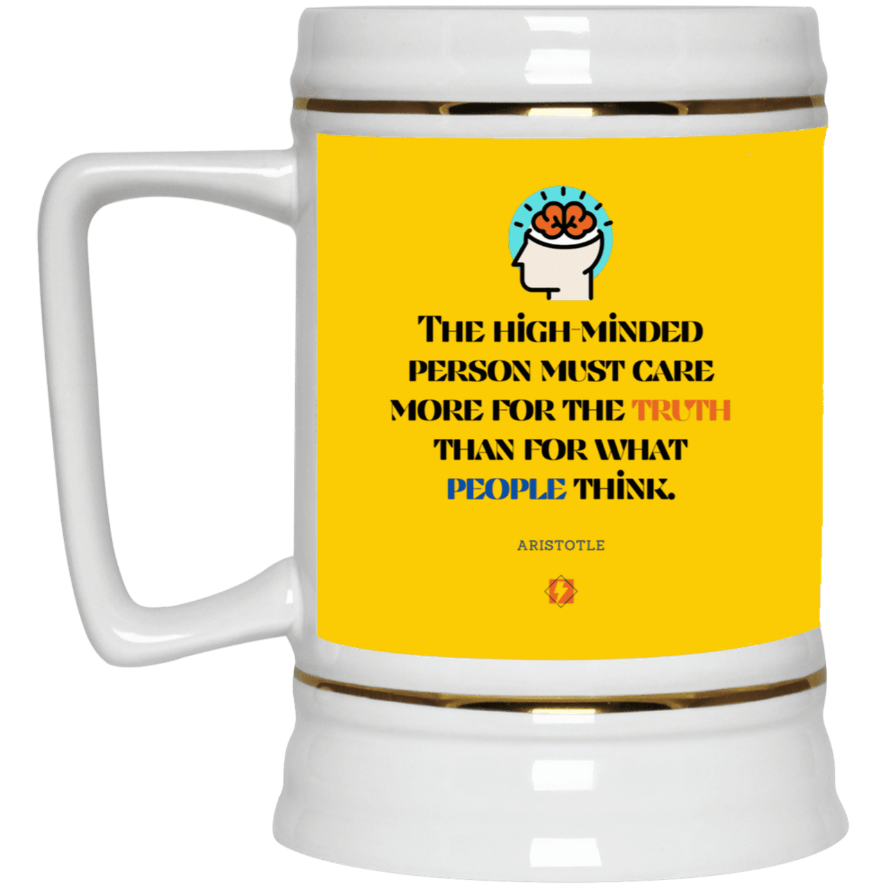 Ceramic Beer Stein Mug with inspiring Aristotle quote: A126 - Truth cares not for opinions - Color: Athletic Gold