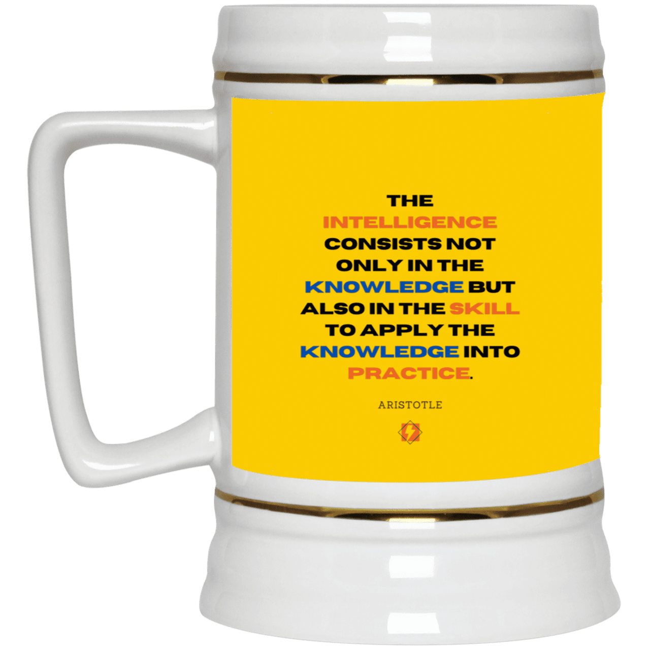 Ceramic Beer Stein Mug with inspiring Aristotle quote: A127 - Intelligence vs Knowledge - Color: Athletic Gold