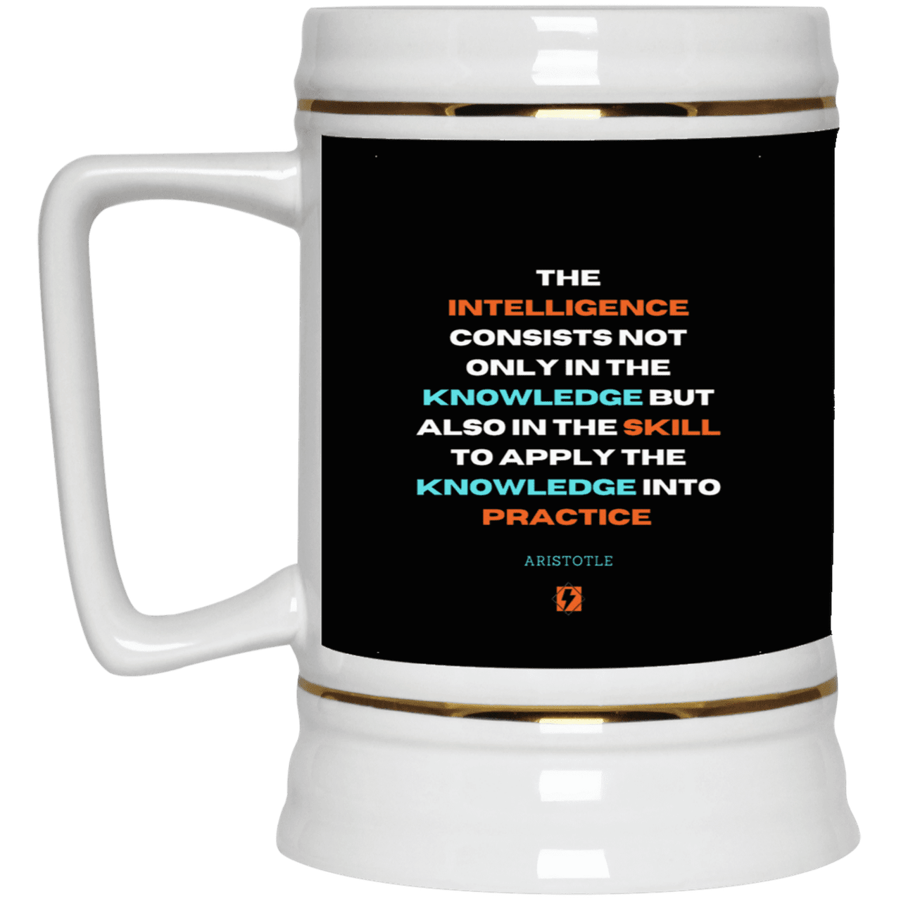 Ceramic Beer Stein Mug with inspiring Aristotle quote: A127 - Intelligence vs Knowledge - Color: Black