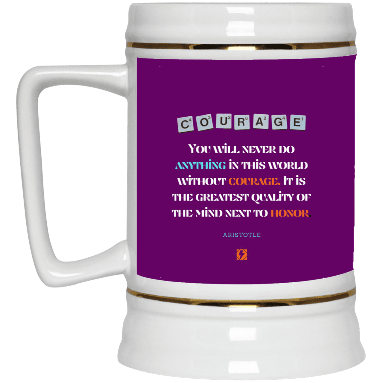 Ceramic Beer Stein Mug with inspiring Aristotle quote: A133 - Courage is the greatest quality - Color: Purple