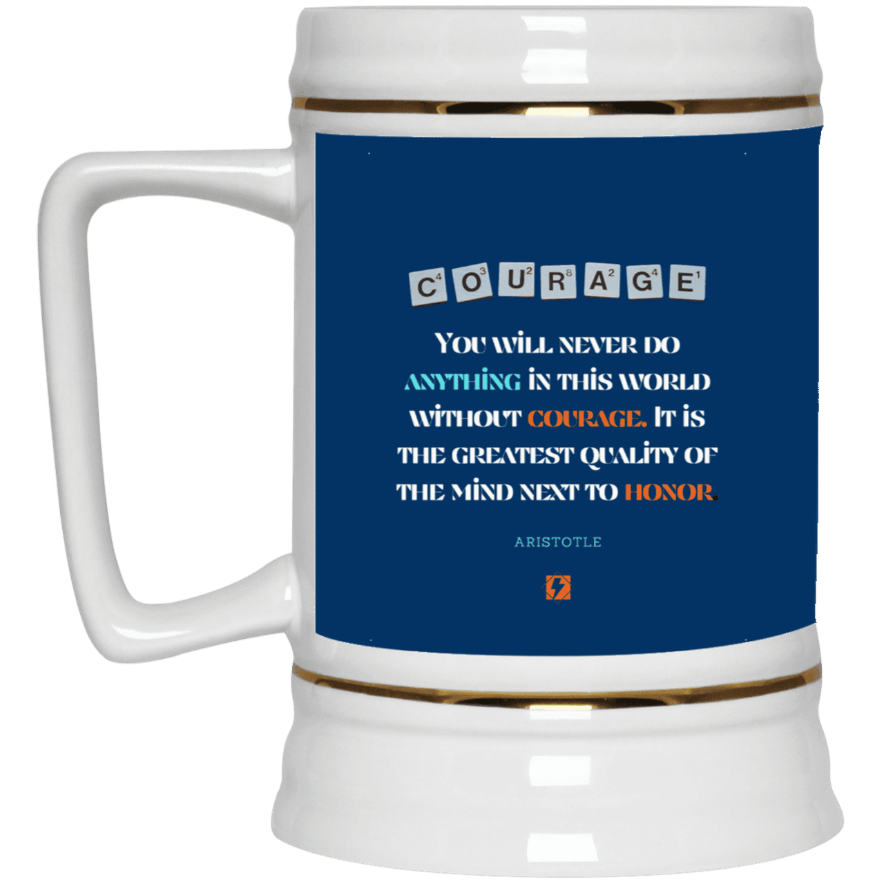 Ceramic Beer Stein Mug with inspiring Aristotle quote: A133 - Courage is the greatest quality - Color: Royal