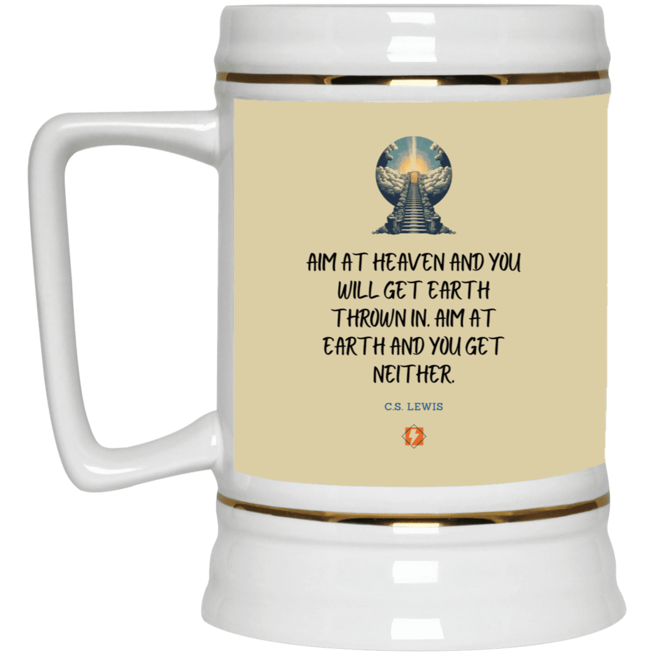 Ceramic Beer Stein Mug with inspiring CS Lewis quote: CS101 - Aim for heaven - Color: Tan