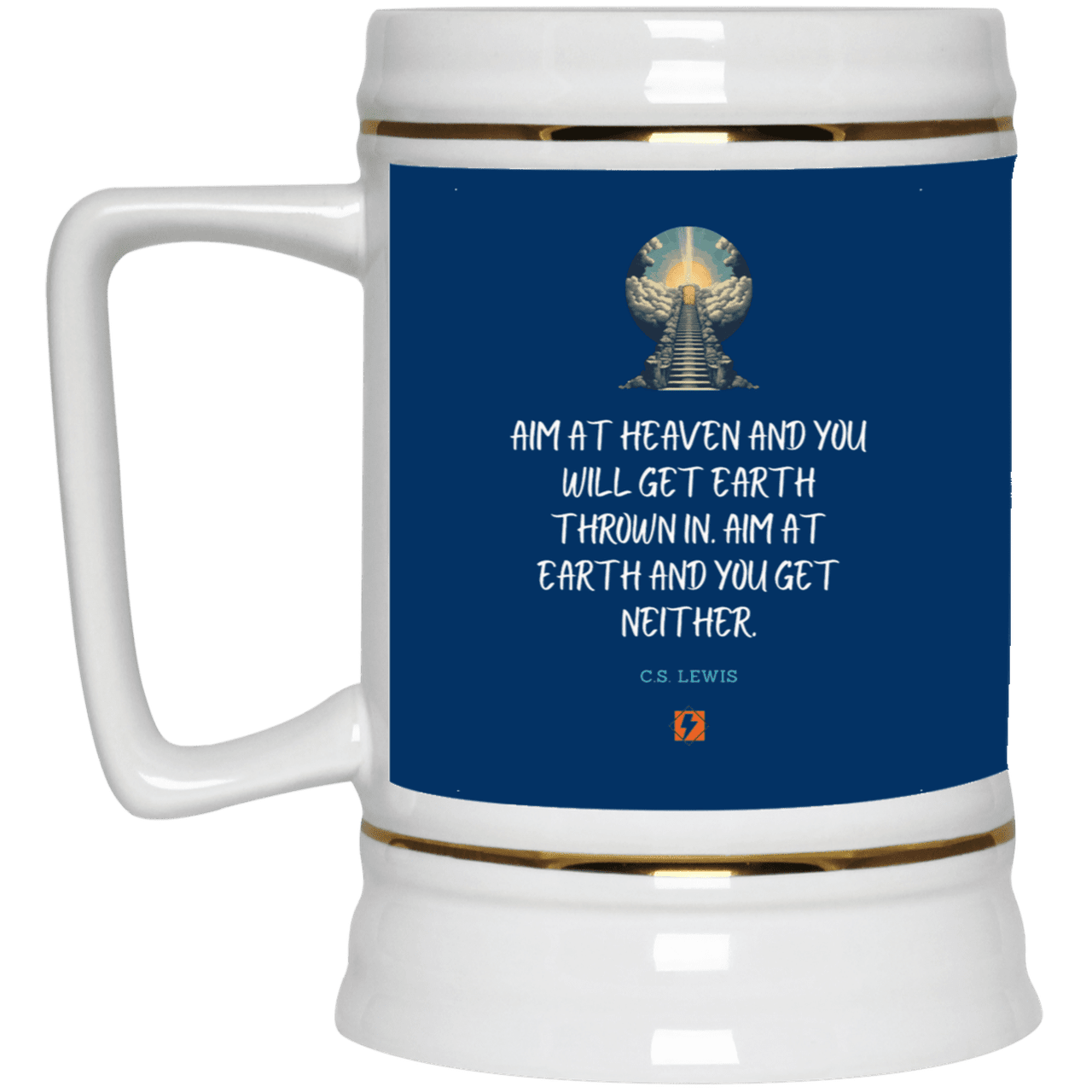 Ceramic Beer Stein Mug with inspiring CS Lewis quote: CS101 - Aim for heaven - Color: Royal