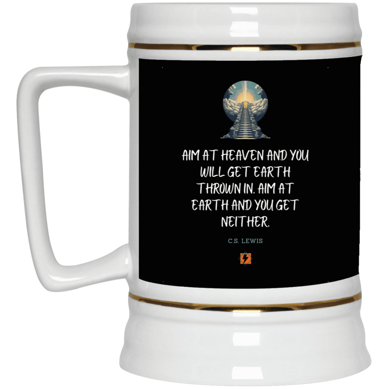 Ceramic Beer Stein Mug with inspiring CS Lewis quote: CS101 - Aim for heaven - Color: Black