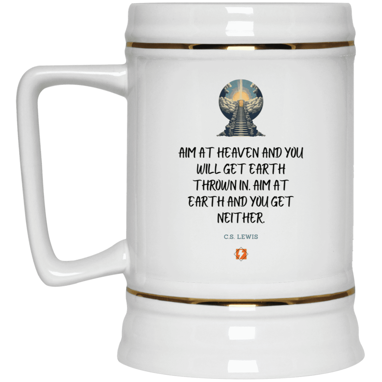 Ceramic Beer Stein Mug with inspiring CS Lewis quote: CS101 - Aim for heaven - Color: Plain White