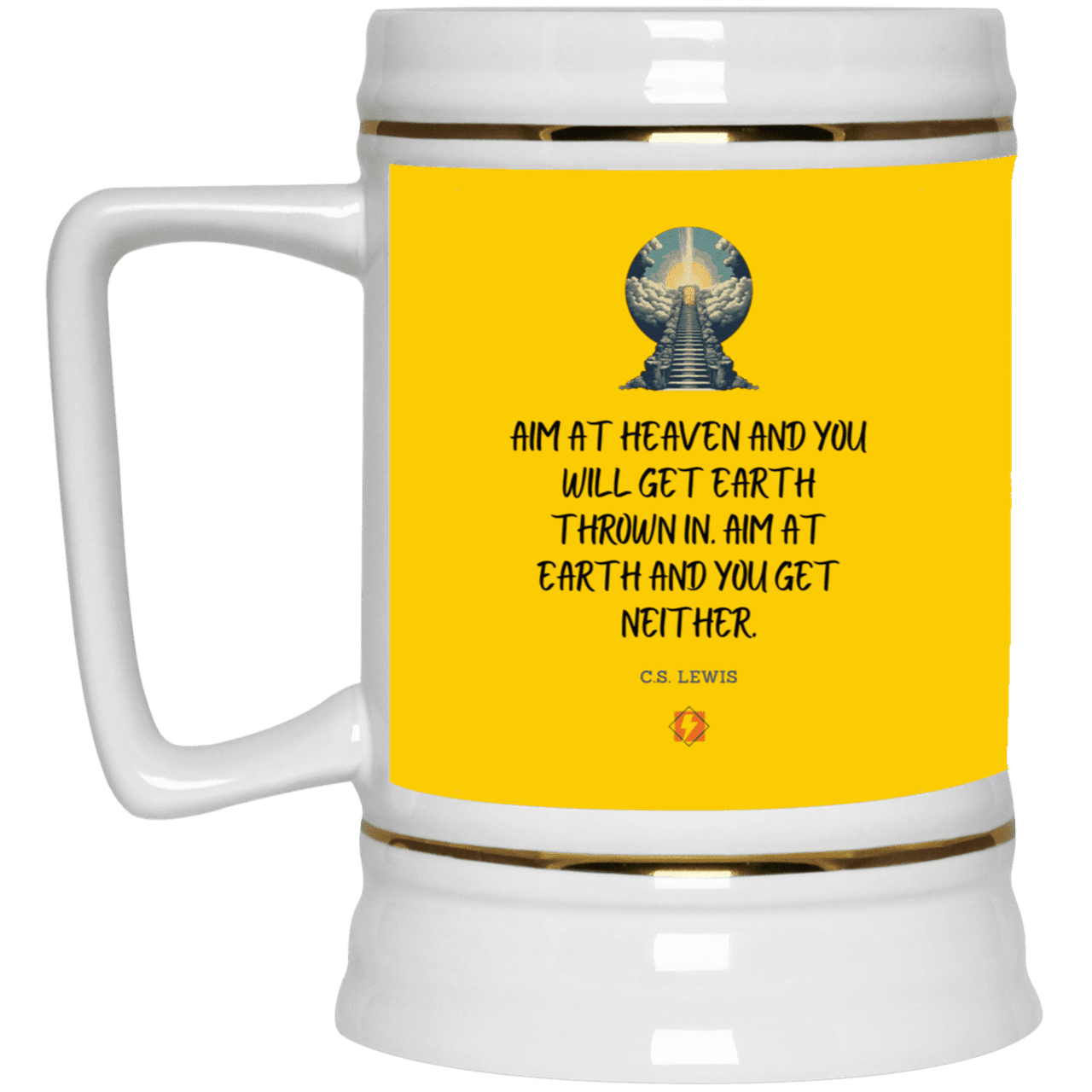 Ceramic Beer Stein Mug with inspiring CS Lewis quote: CS101 - Aim for heaven - Color: Athletic Gold