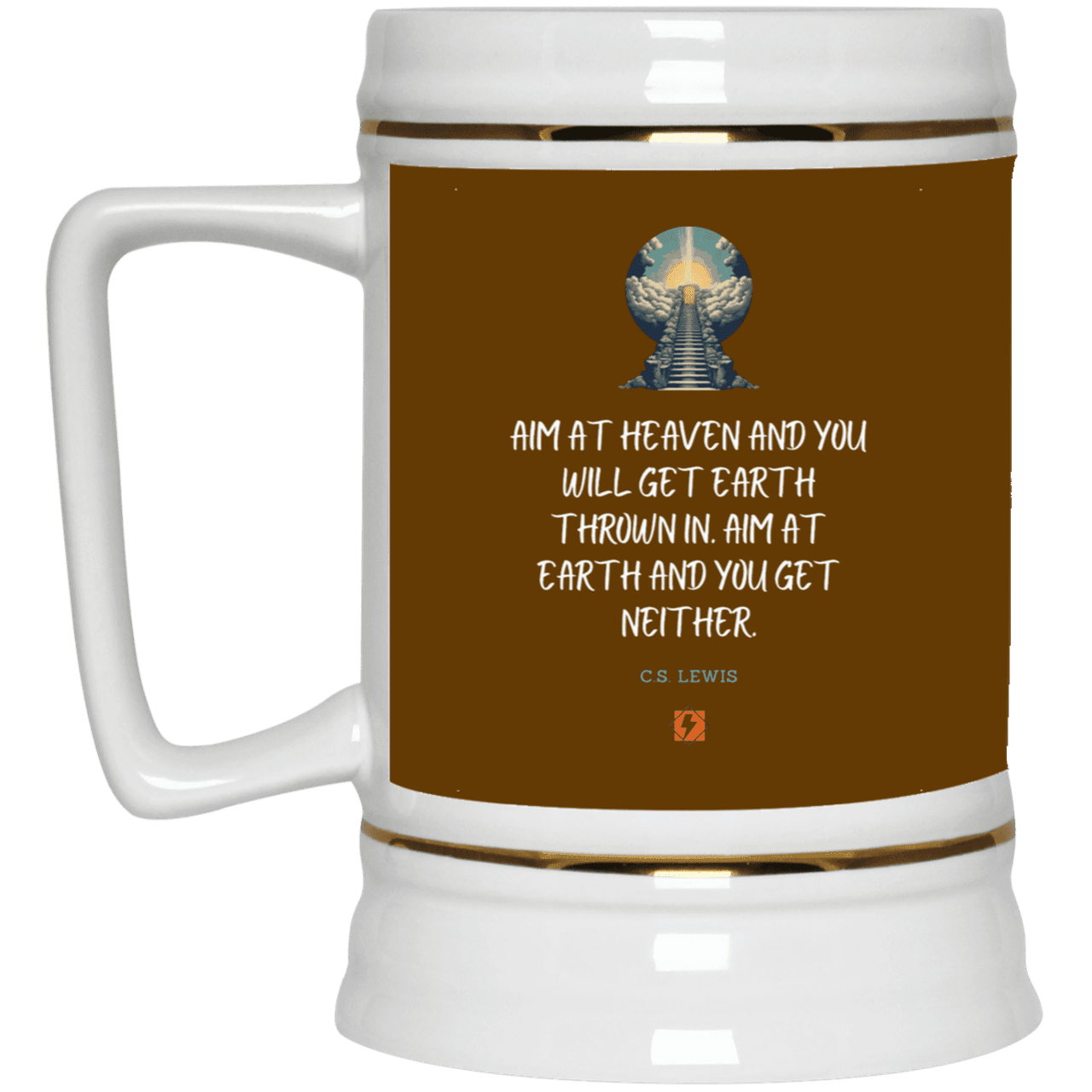 Ceramic Beer Stein Mug with inspiring CS Lewis quote: CS101 - Aim for heaven - Color: Brown