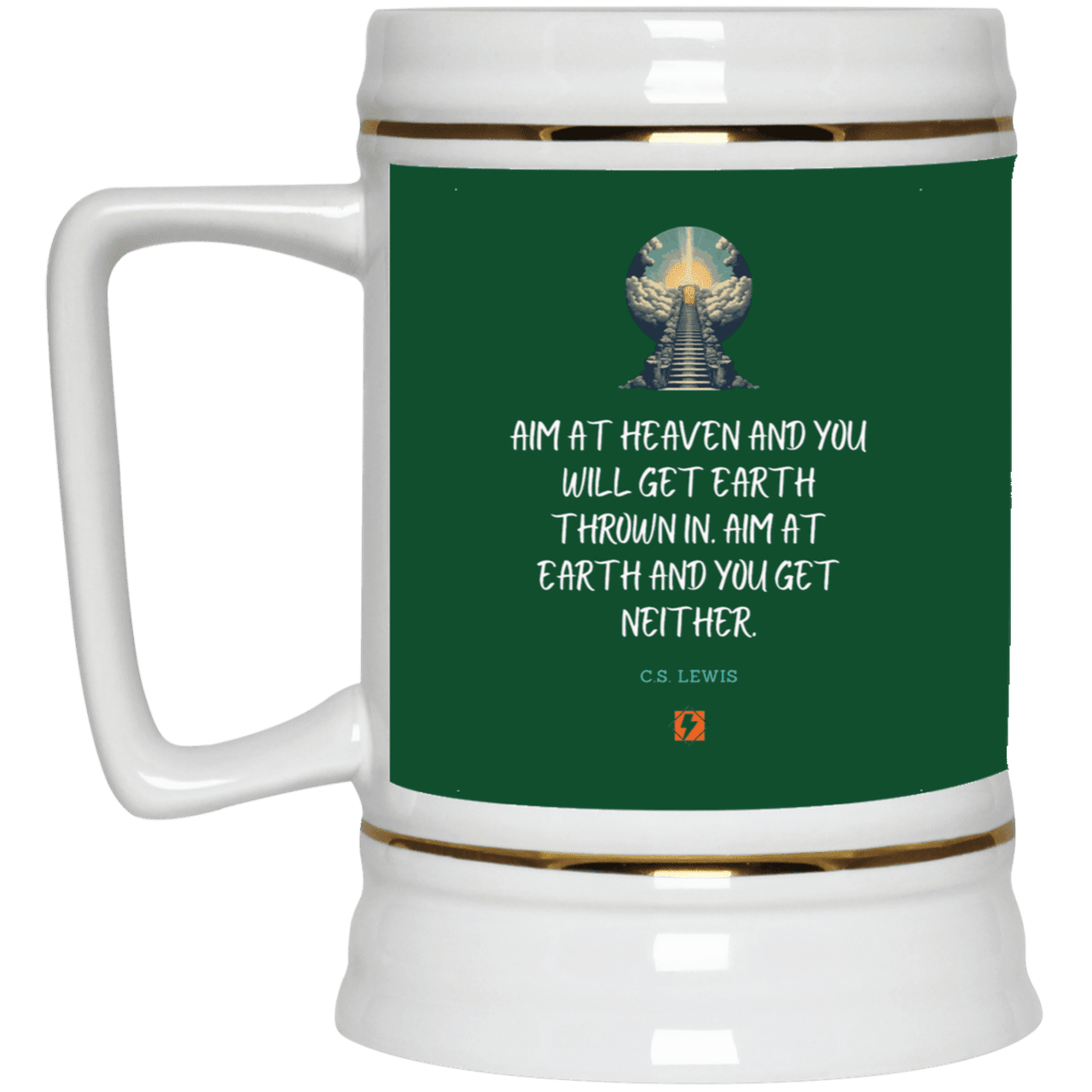 Ceramic Beer Stein Mug with inspiring CS Lewis quote: CS101 - Aim for heaven - Color: Forest