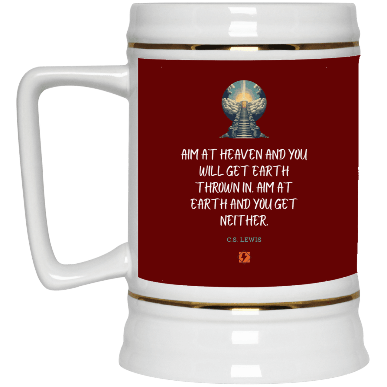 Ceramic Beer Stein Mug with inspiring CS Lewis quote: CS101 - Aim for heaven - Color: Maroon