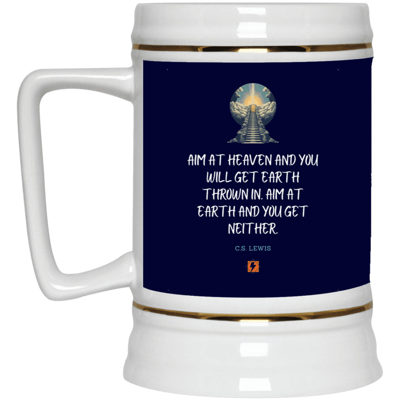 Ceramic Beer Stein Mug with inspiring CS Lewis quote: CS101 - Aim for heaven - Color: Navy