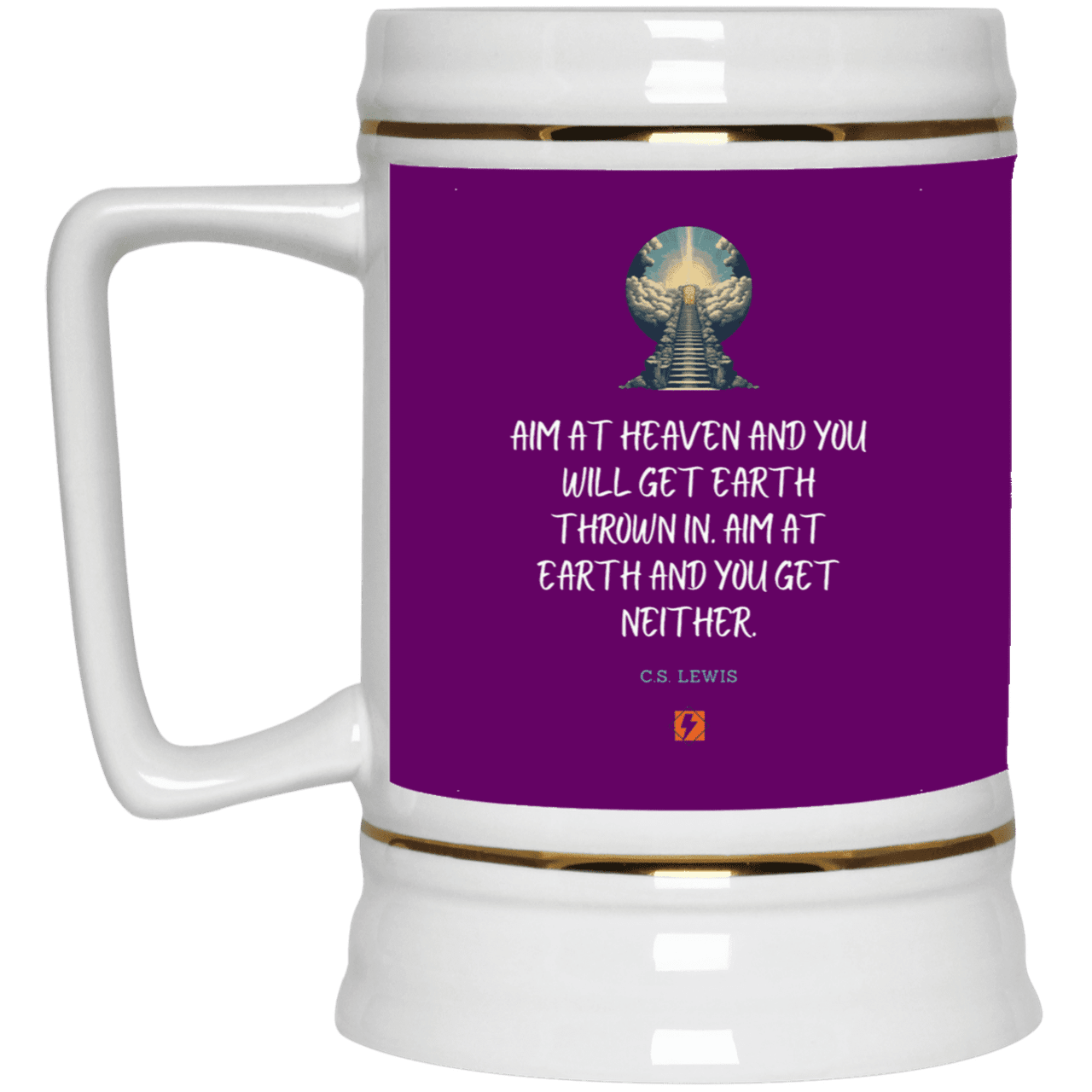 Ceramic Beer Stein Mug with inspiring CS Lewis quote: CS101 - Aim for heaven - Color: Purple