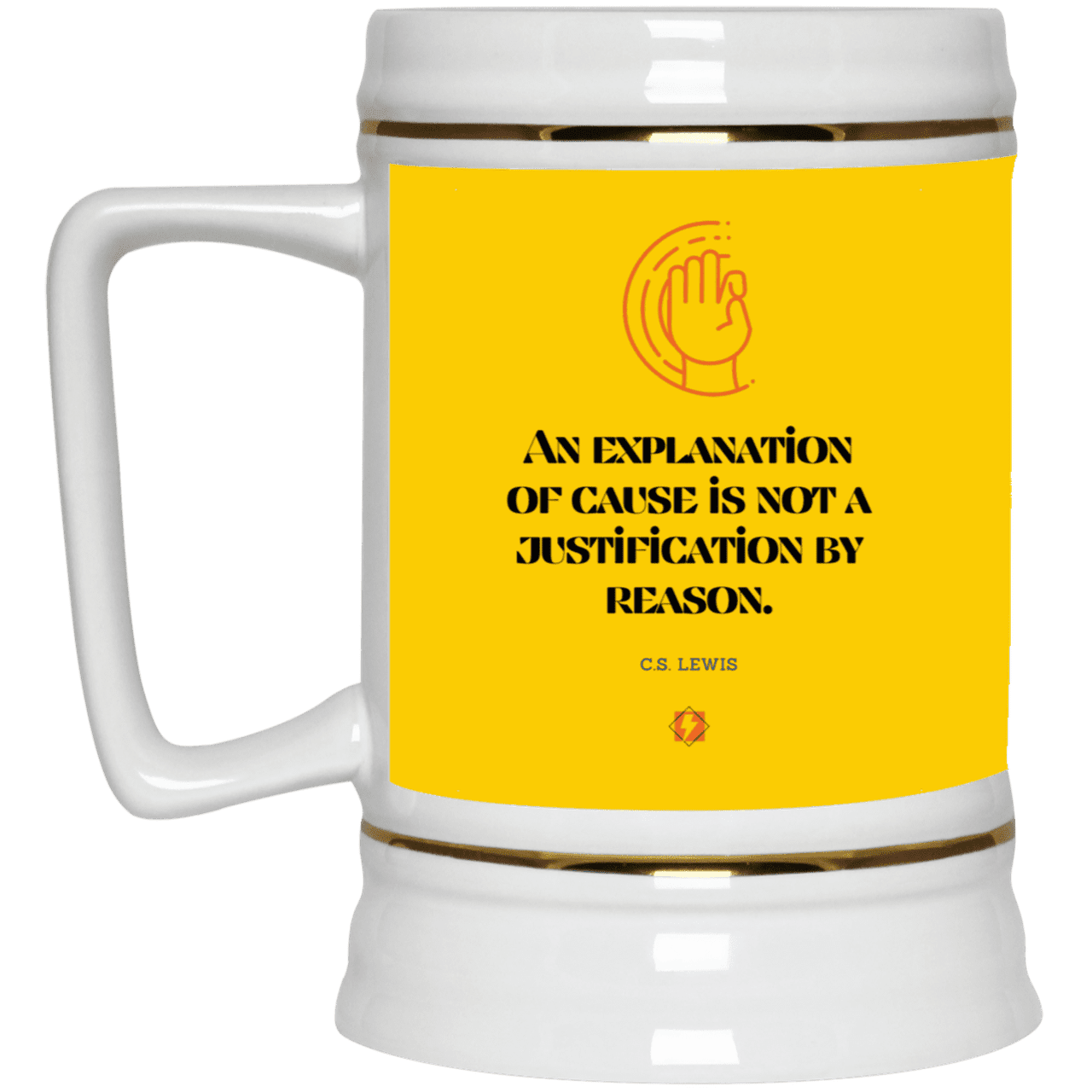 Ceramic Beer Stein Mug with inspiring CS Lewis quote: CS102 - Explanations Vs Justifications - Color: Athletic Gold